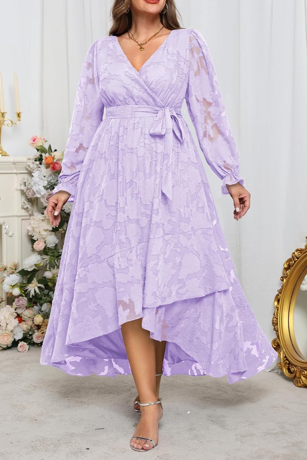 Plus Size Dresses Wedding Guest Fall Floral Wrap V Neck Maxi Dress Women(Light Lavender)