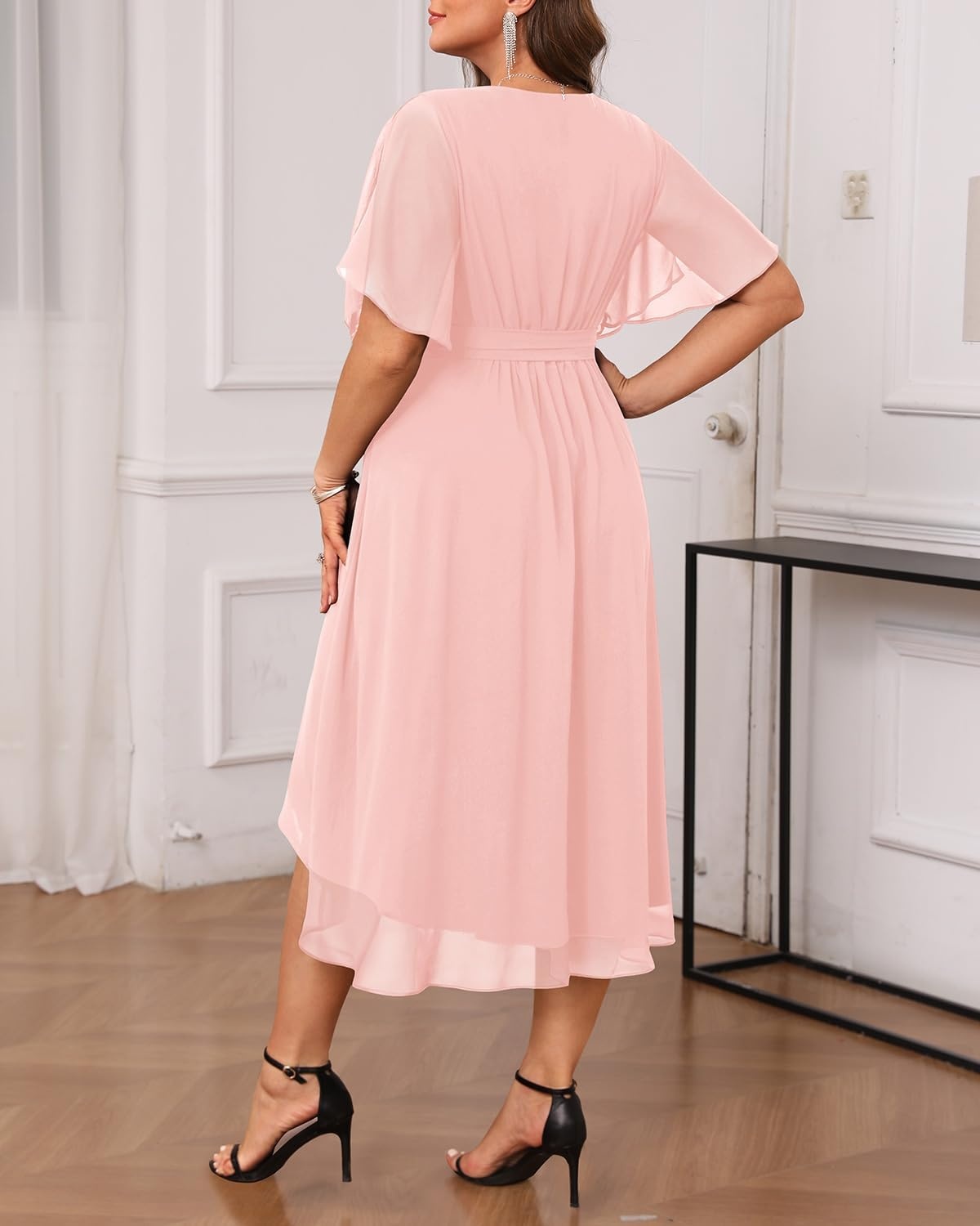 Plus Size Dresses Wedding Guest Formal Chiffon Short Sleeve High Low Dress(Pink)