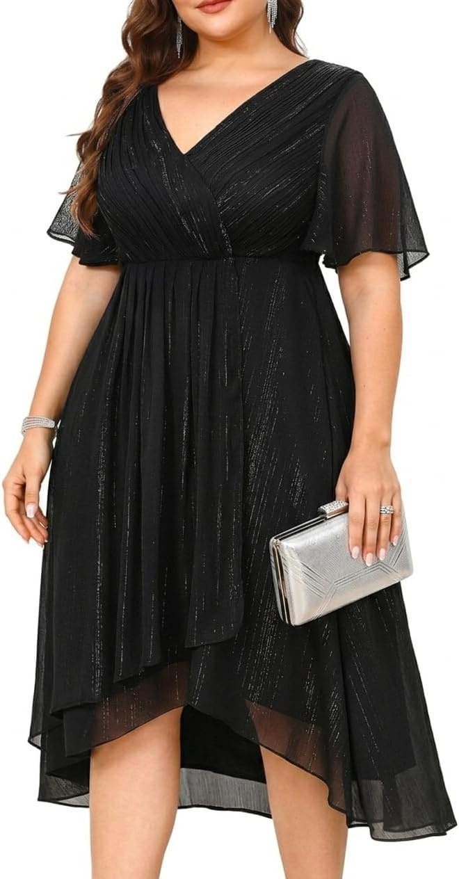 Plus Size Wedding Guest Dress – Formal Long Sleeve A Line V Neck Midi Dress | Formal fall wedding guest dress, cocktail sparkle dress, A-line pleated midi style with long sleeves & V-neck for women.(Black Short Sleeve)