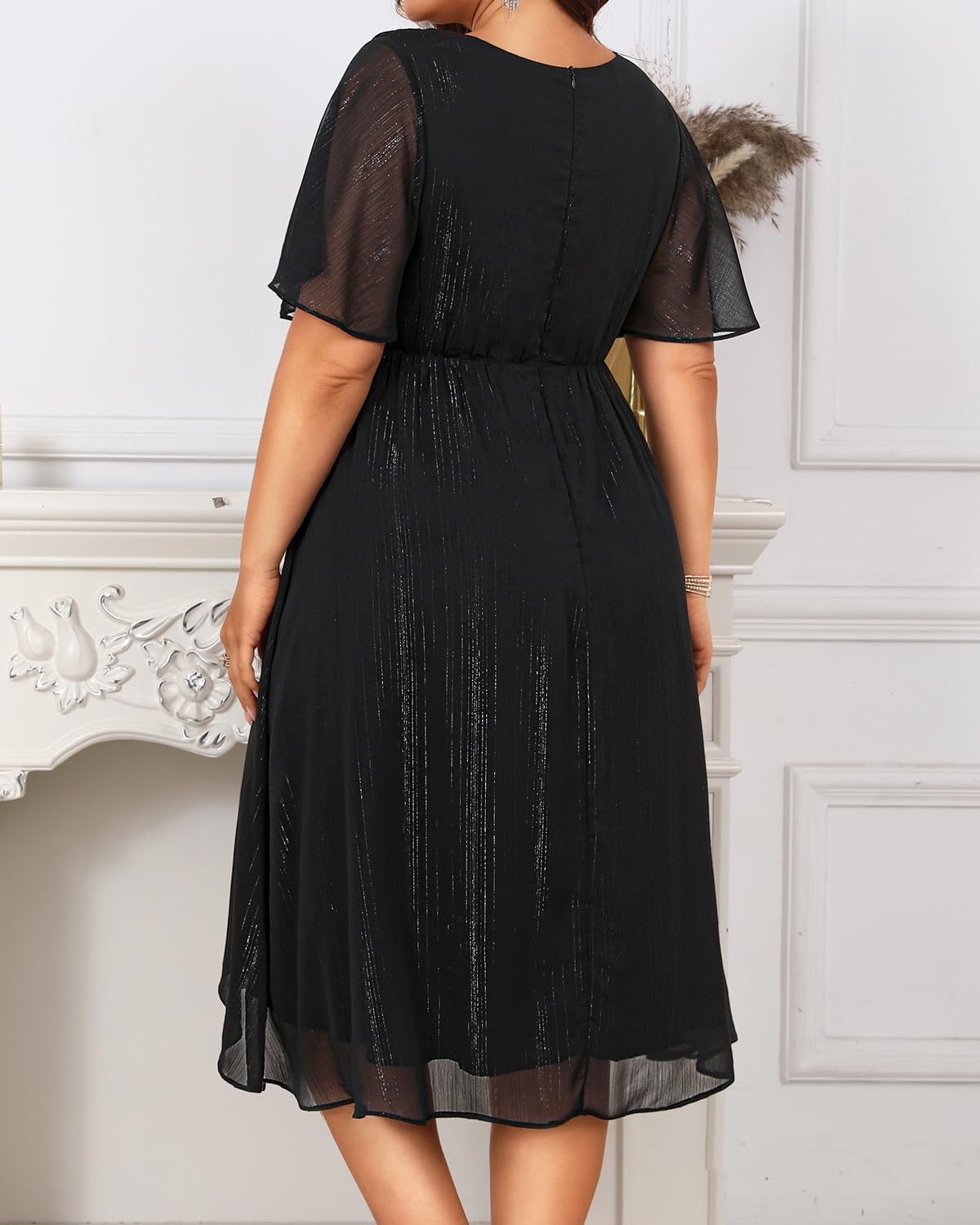 Plus Size Wedding Guest Dress – Formal Long Sleeve A Line V Neck Midi Dress | Formal fall wedding guest dress, cocktail sparkle dress, A-line pleated midi style with long sleeves & V-neck for women.(Black Short Sleeve)