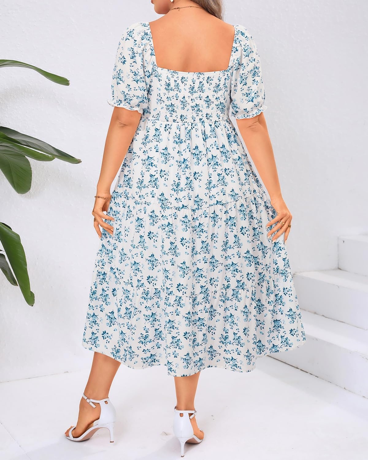Talisea Plus Size Summer Dress – Casual A-line Flowy Midi Dress for Women(Blue Floral)