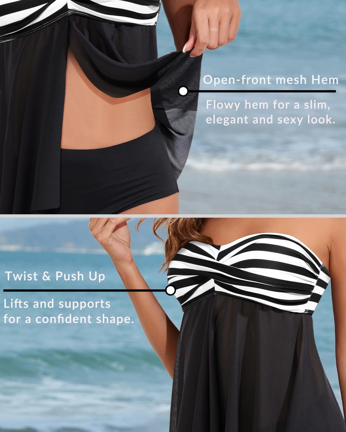 Talisea Women Bandeau Tankini Top Only Mesh Strapless Swimsuits Top Halter Flyaway Bathing Suits No Bottom(Black Stripe)