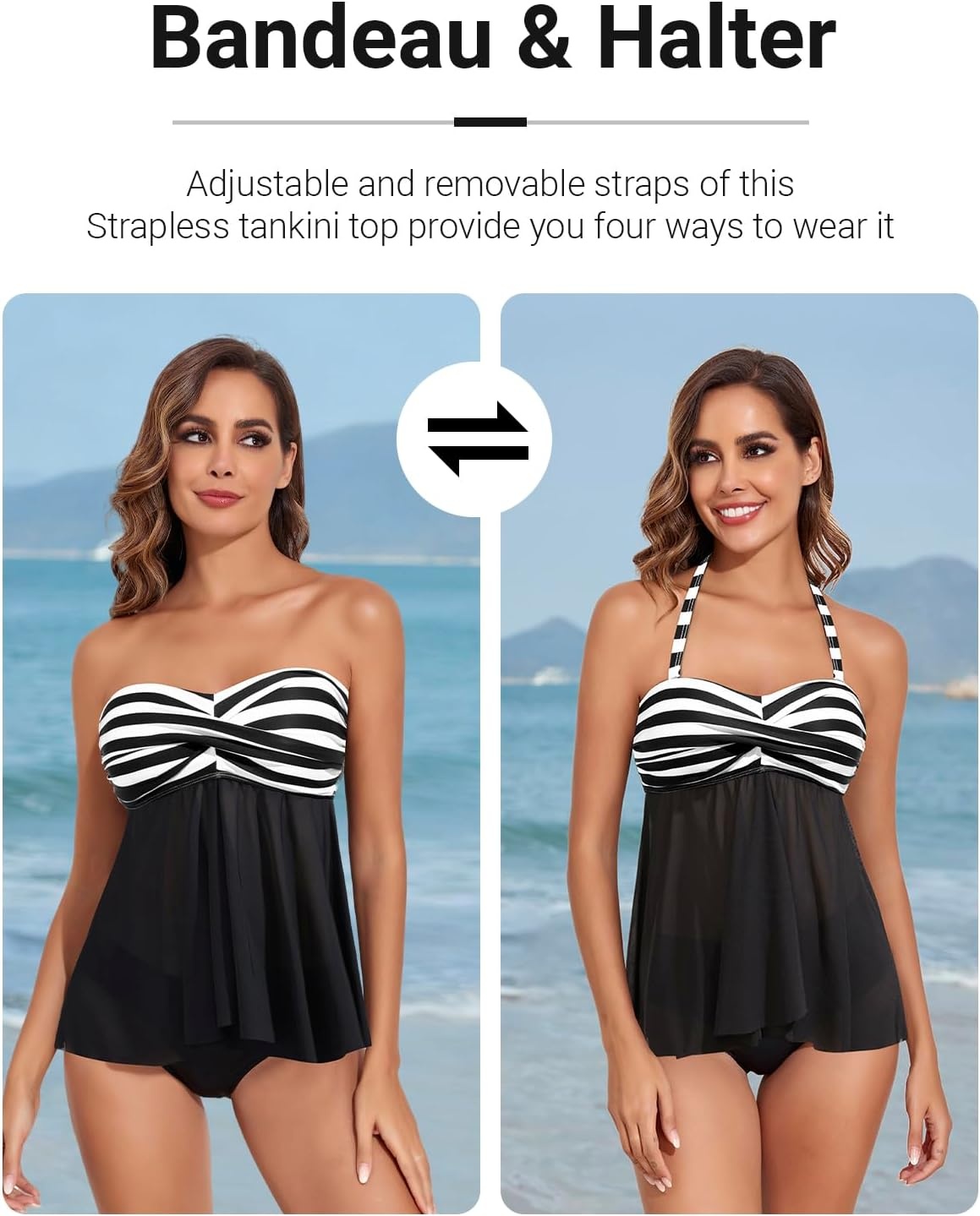 Talisea Women Bandeau Tankini Top Only Mesh Strapless Swimsuits Top Halter Flyaway Bathing Suits No Bottom(Black Stripe)