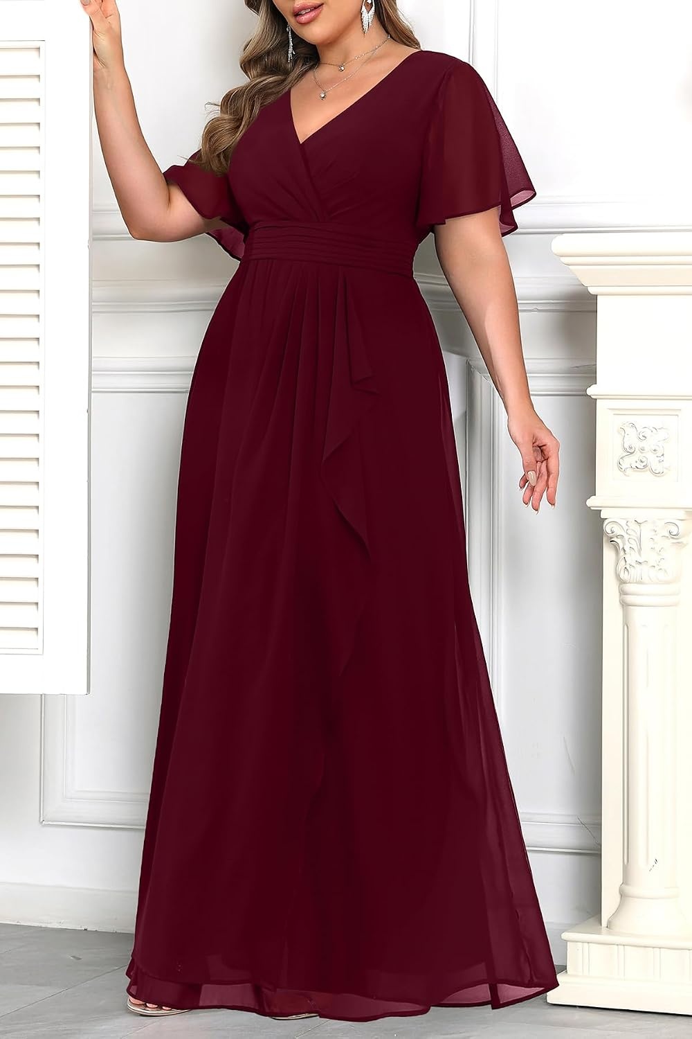 Plus Size Formal Dress Wedding Guest Chiffon V Neck Ruffle Long Dress Women | Women Plus Size Formal Evening Dress Chiffon Wedding Guest Long Dresses Short Sleeves Bridesmaid Dress Elegant Prom Gown(Burgundy)