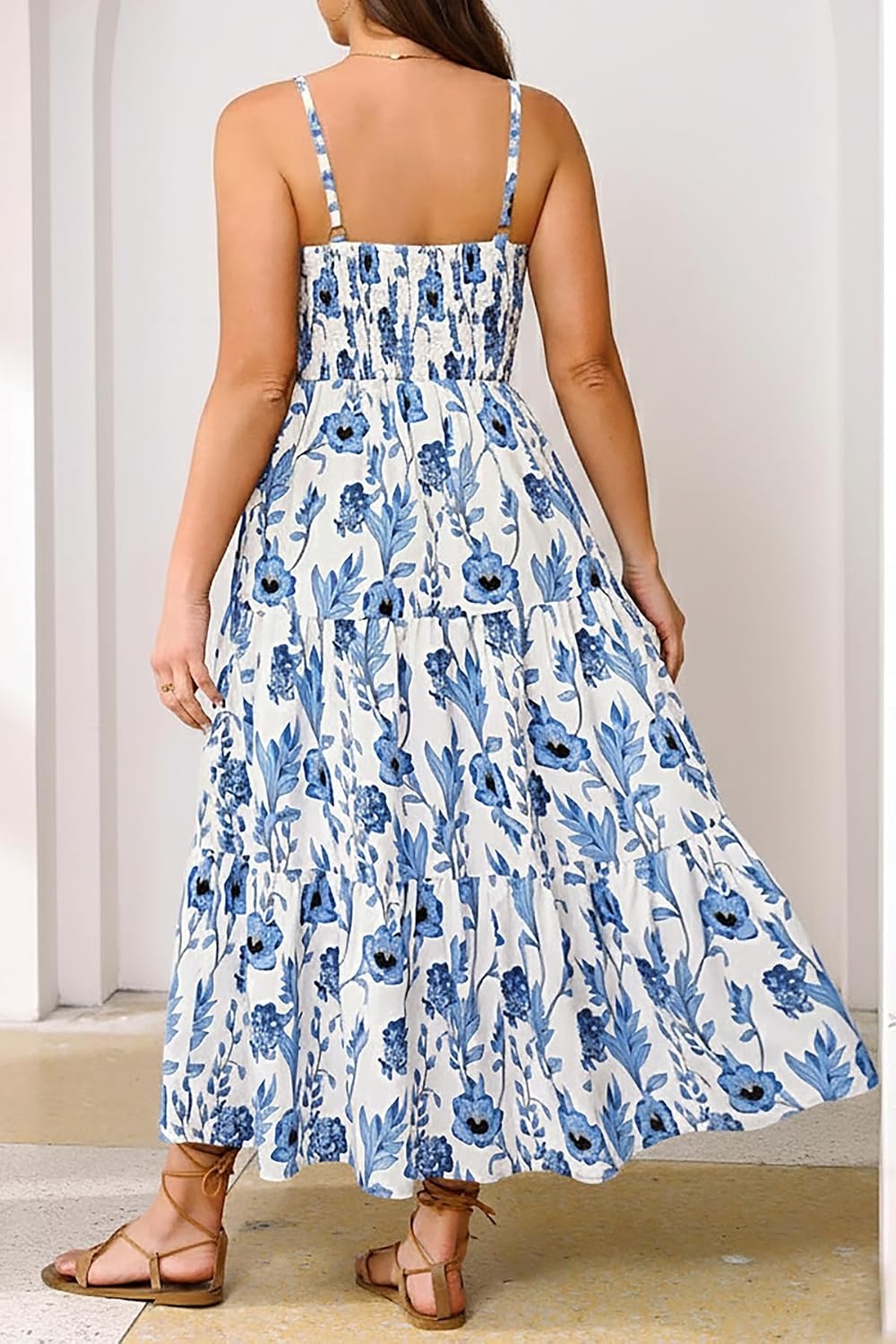 Talisea Plus Size Summer Dress – Boho Spaghetti Strap Maxi Dress Women | Casual boho long maxi sundress with pockets, adjustable spaghetti straps & flowy fit for summer beach vacation.(Blue Floral)
