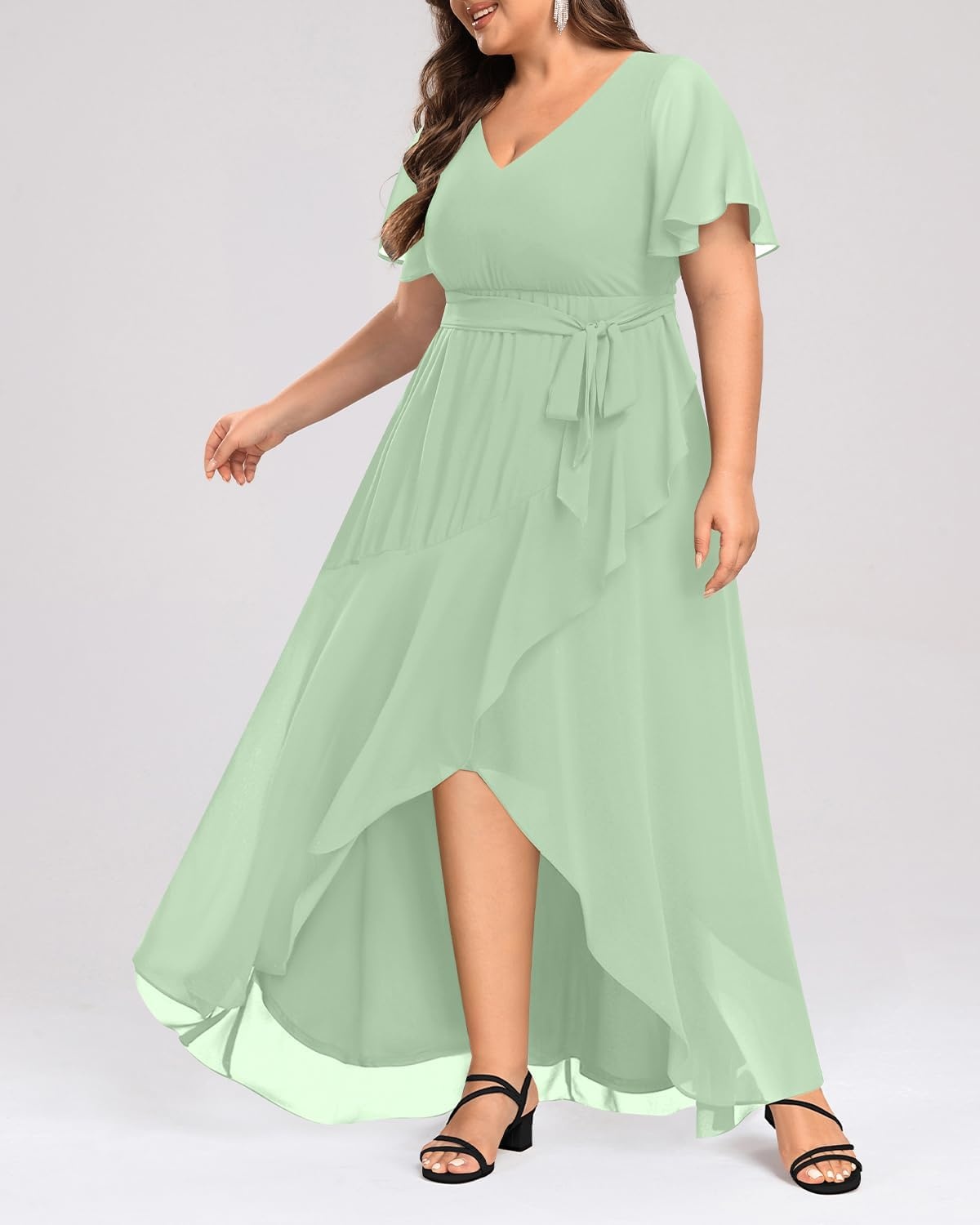 Talisea Womens Plus Size Long Dress Chiffon High Low Split Ruffle Evening Bridesmaid Wedding Guest Formal Maxi Dresses(Sage Green)