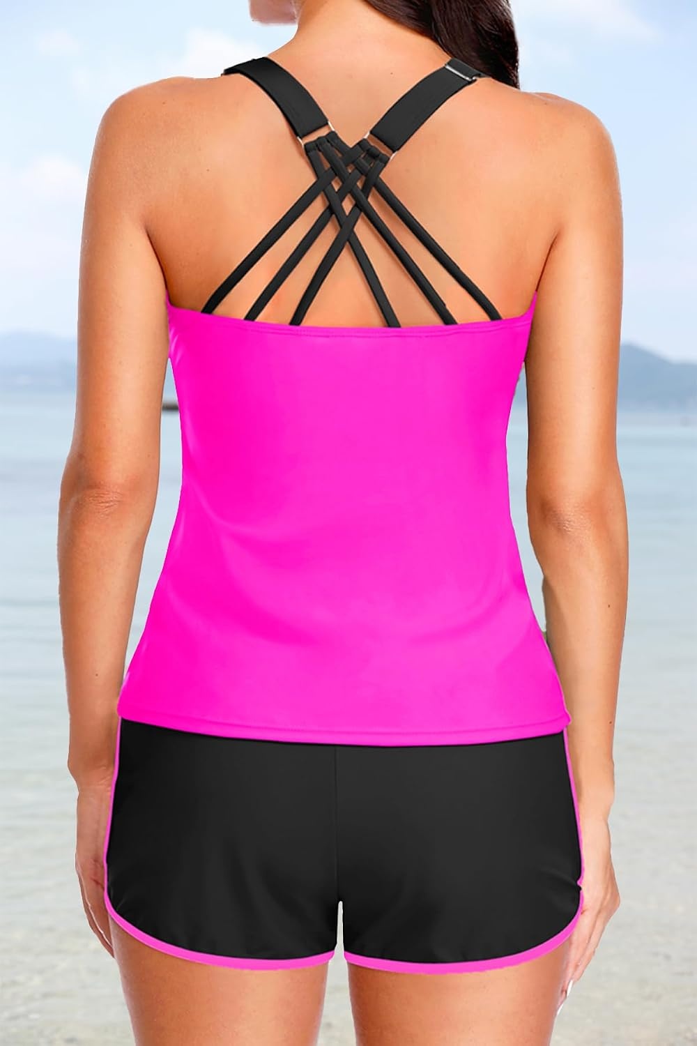 Talisea Women 2 Piece Tankini Swimsuit with Pockets Boy Shorts Modest Bathing Suit Tummy Control Tank Top(Hot Pink)
