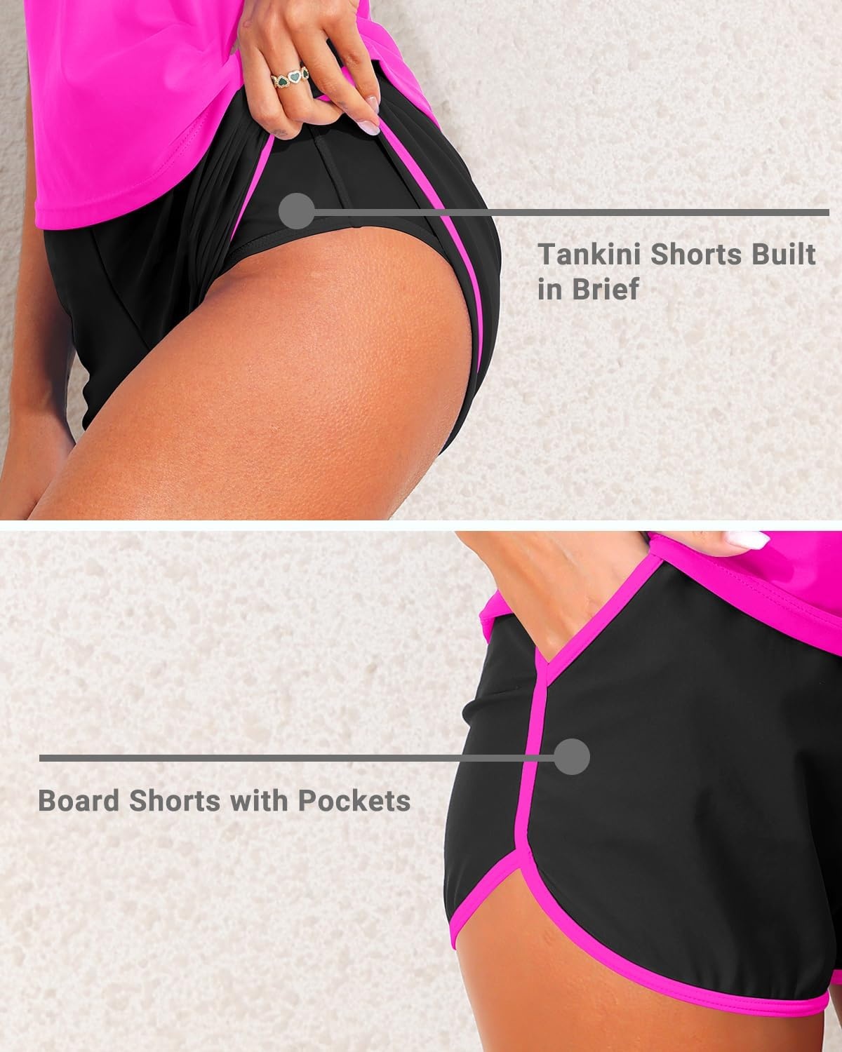 Talisea Women 2 Piece Tankini Swimsuit with Pockets Boy Shorts Modest Bathing Suit Tummy Control Tank Top(Hot Pink)