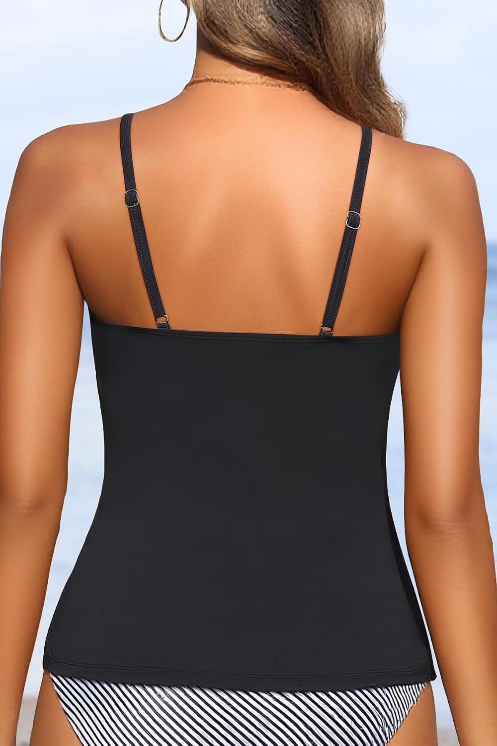 Women’s Tankini Top Only Tummy Control Bathing Suits Top U Neck Swimwear Tops No Bottom(Black)