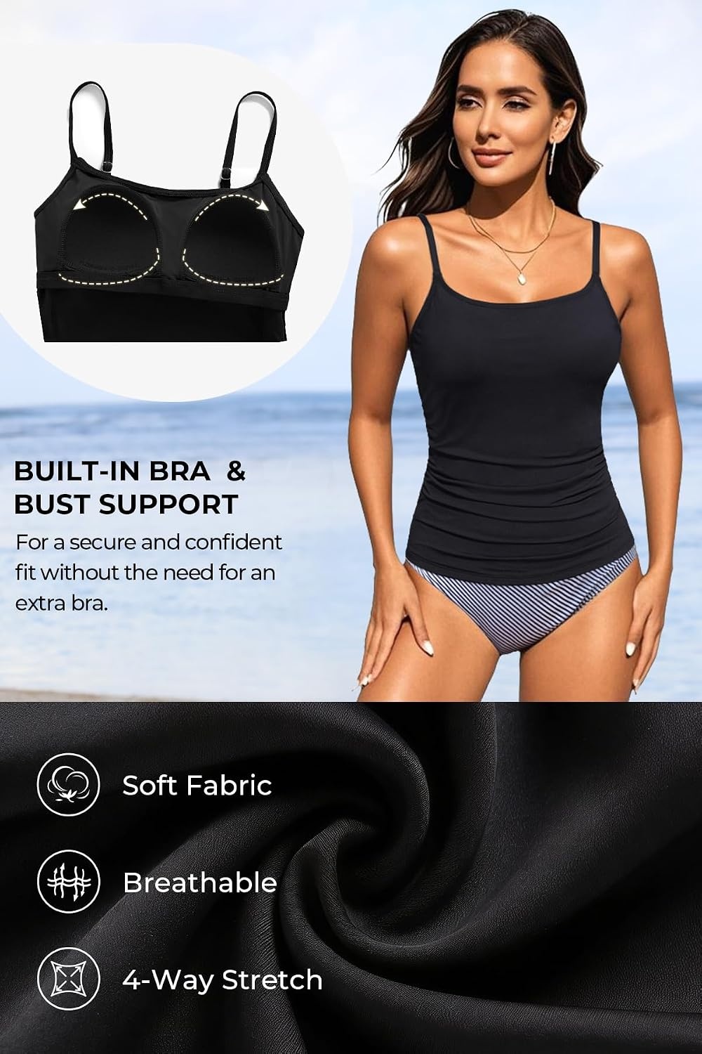Women’s Tankini Top Only Tummy Control Bathing Suits Top U Neck Swimwear Tops No Bottom(Black)