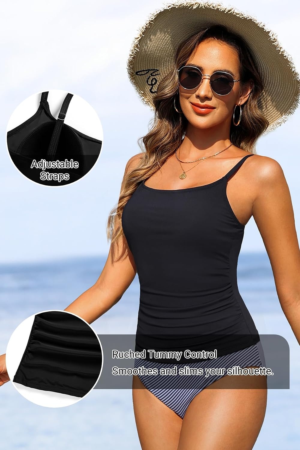 Women’s Tankini Top Only Tummy Control Bathing Suits Top U Neck Swimwear Tops No Bottom(Black)