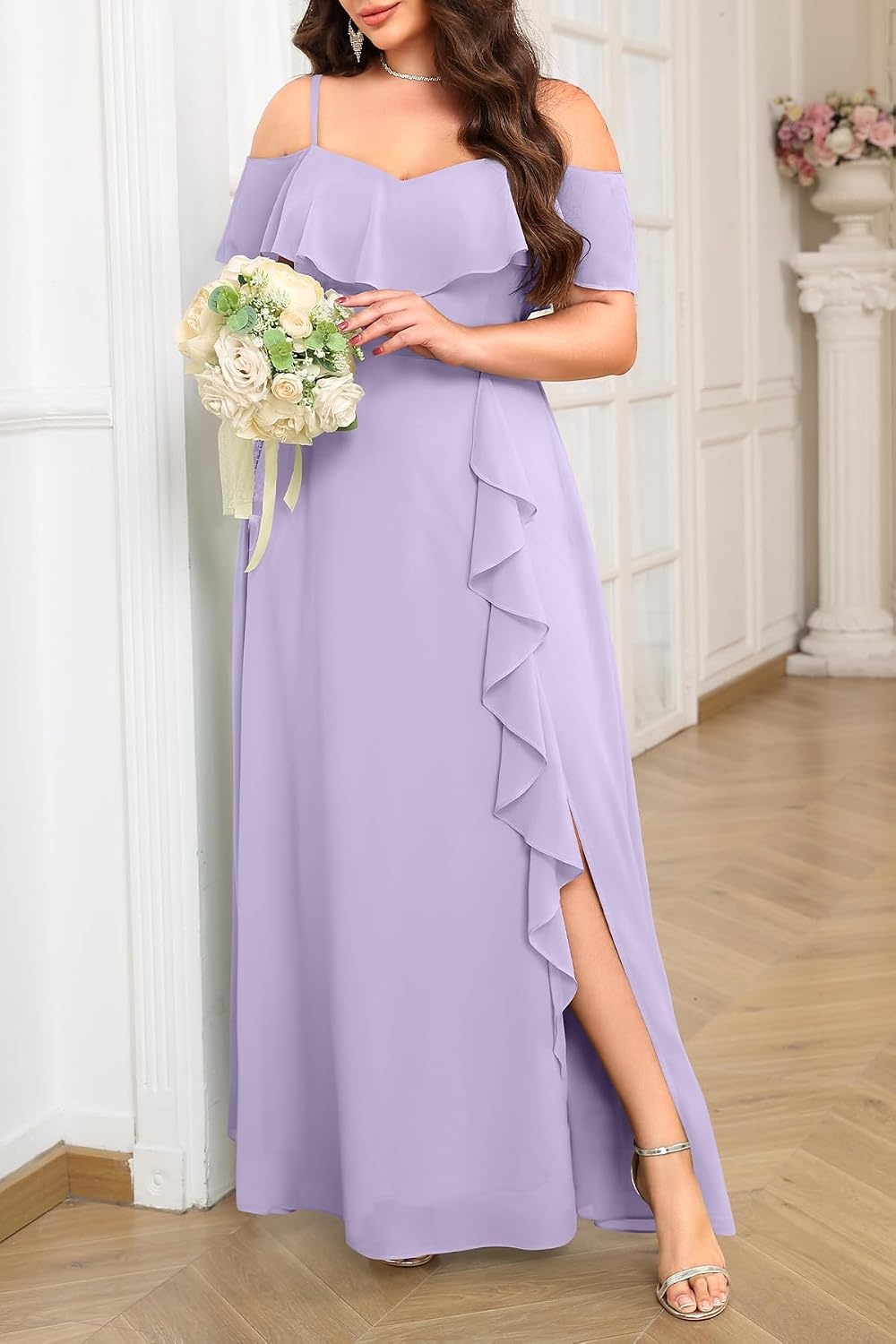 Plus Size Formal Dresses Off Shoulder Chiffon High Slit Ruffle Wedding(Lavender)