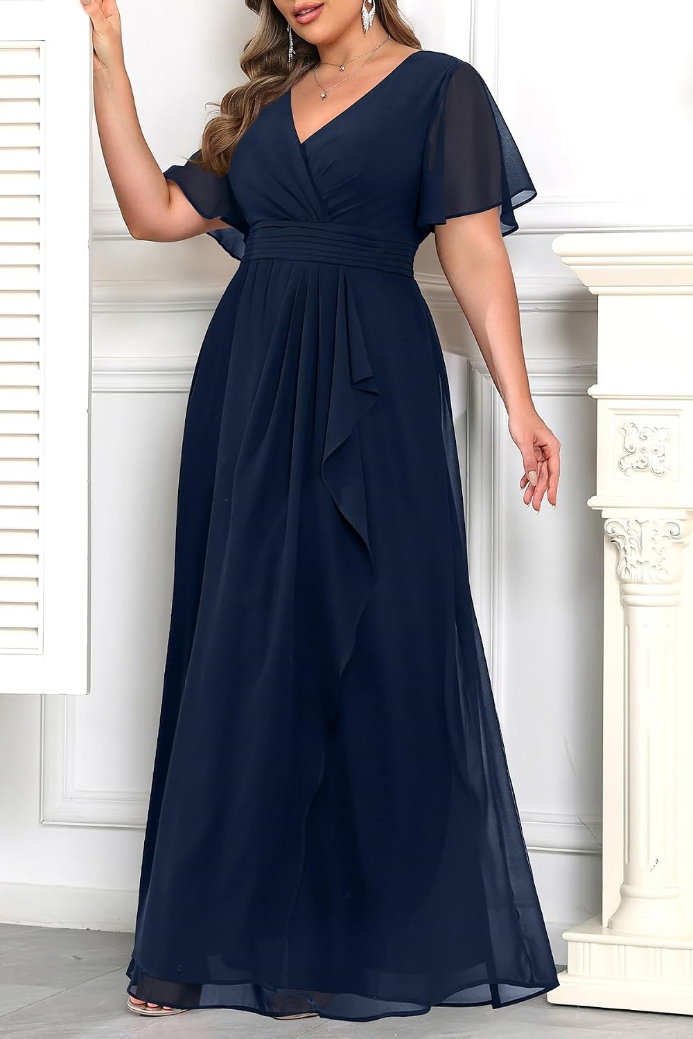 Plus Size Formal Dress Wedding Guest Chiffon V Neck Ruffle Long Dress Women | Women Plus Size Formal Evening Dress Chiffon Wedding Guest Long Dresses Short Sleeves Bridesmaid Dress Elegant Prom Gown(Navy Blue)