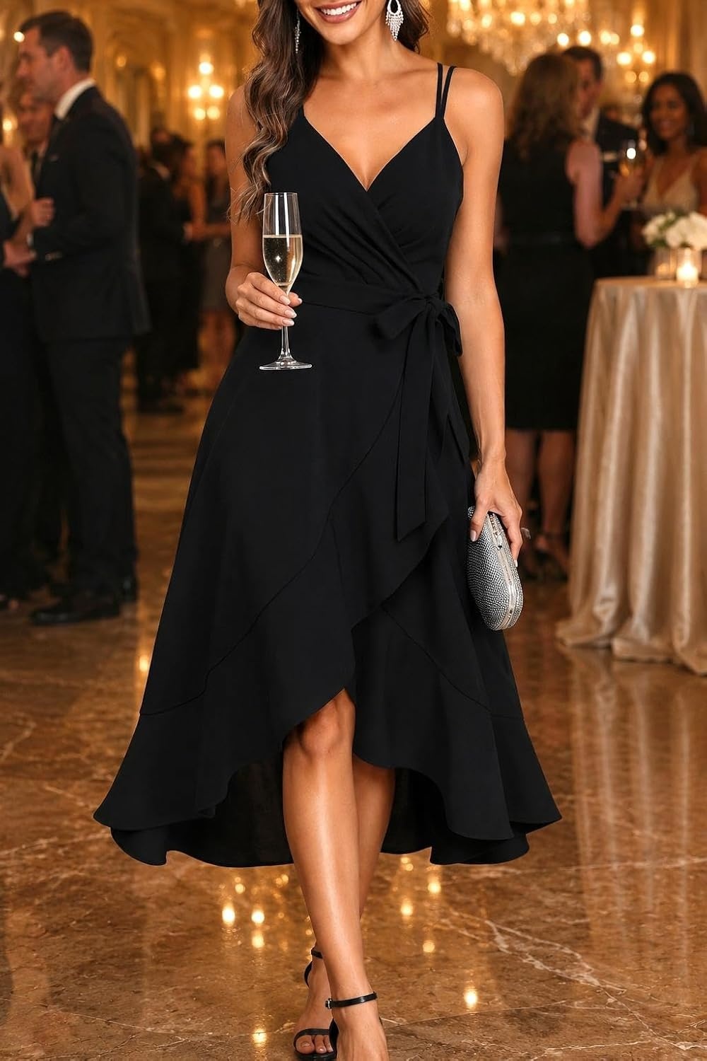 Cocktail Dresses for Women Wedding Guest Midi High Low Spaghetti Strap Ruffle Hem Graduation Party Elegant(Black)