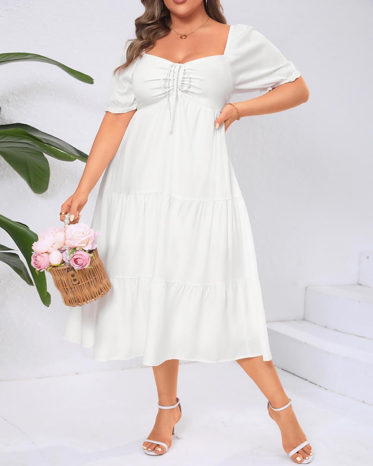 Talisea Plus Size Summer Dress – Casual A-line Flowy Midi Dress for Women | Casual A-line flowy dress, sweetheart neck with drawstring & puff sleeves, tiered midi style for summer, beach & graduation.(White)
