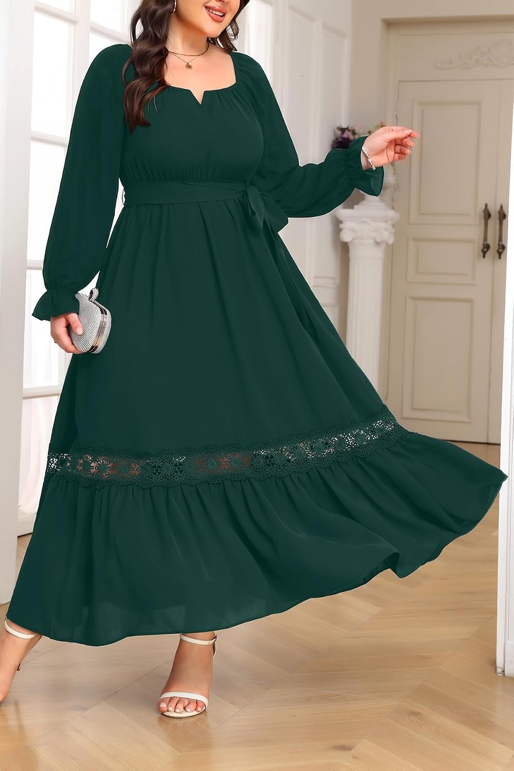 Talisea Plus Size Wedding Guest Dress Square Neck Flutter Sleeve Maxi Dress(Green)