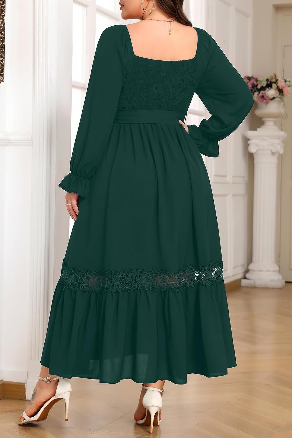 Talisea Plus Size Wedding Guest Dress Square Neck Flutter Sleeve Maxi Dress(Green)