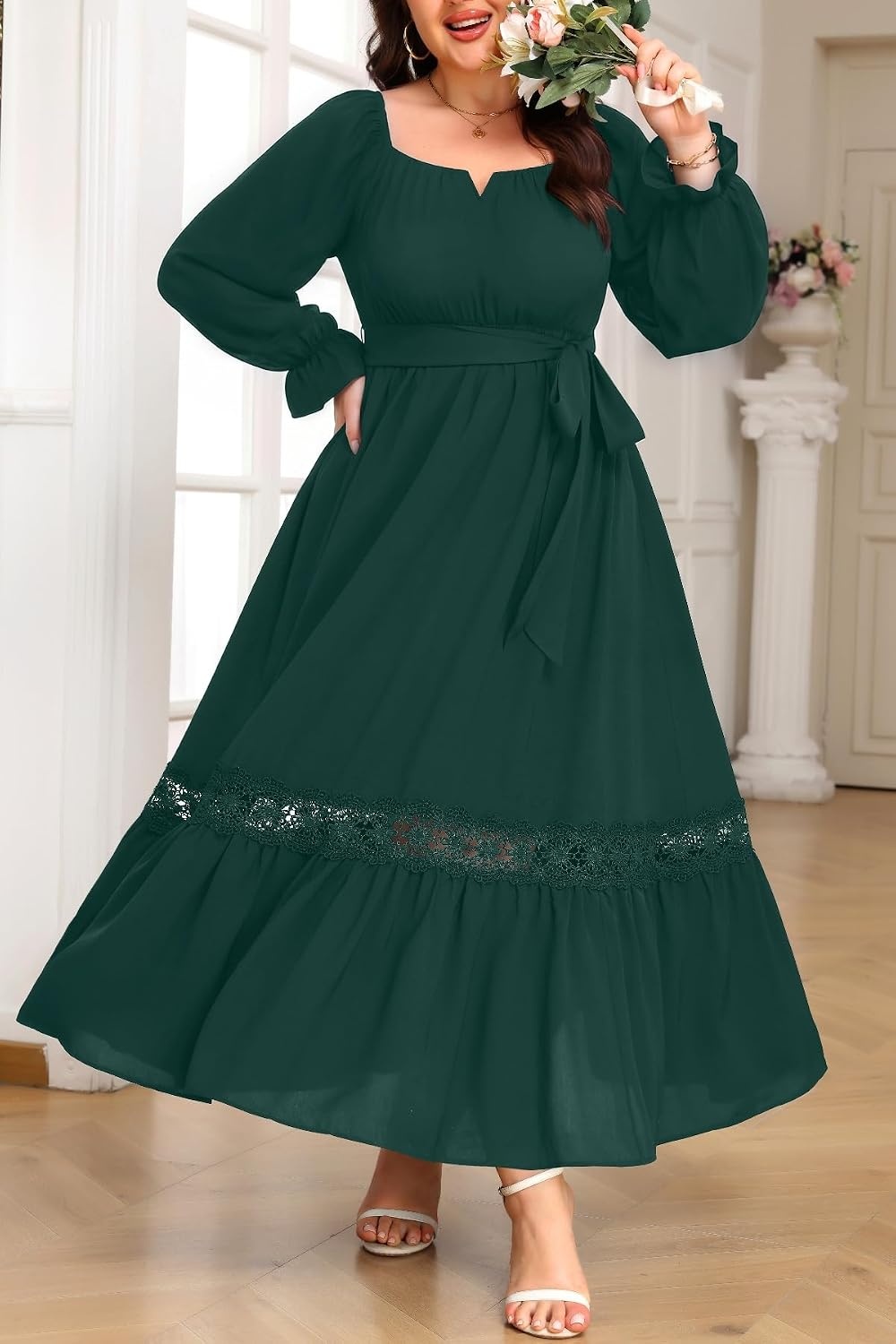 Talisea Plus Size Wedding Guest Dress Square Neck Flutter Sleeve Maxi Dress(Green)
