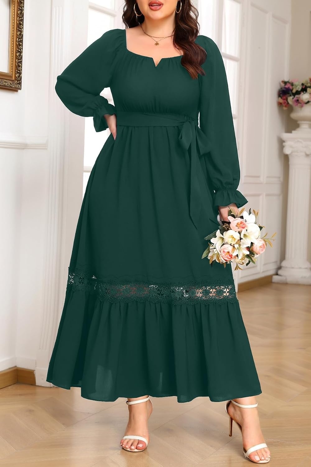 Talisea Plus Size Wedding Guest Dress Square Neck Flutter Sleeve Maxi Dress(Green)