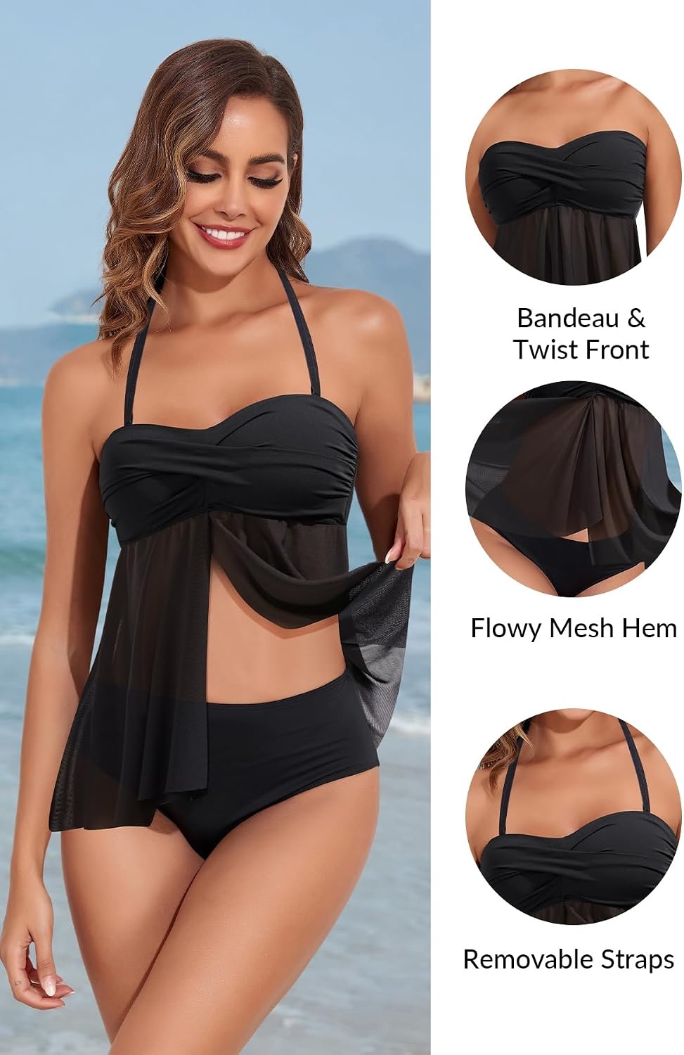 Talisea Women Bandeau Tankini Top Only Mesh Strapless Swimsuits Top Halter Flyaway Bathing Suits No Bottom(Black)
