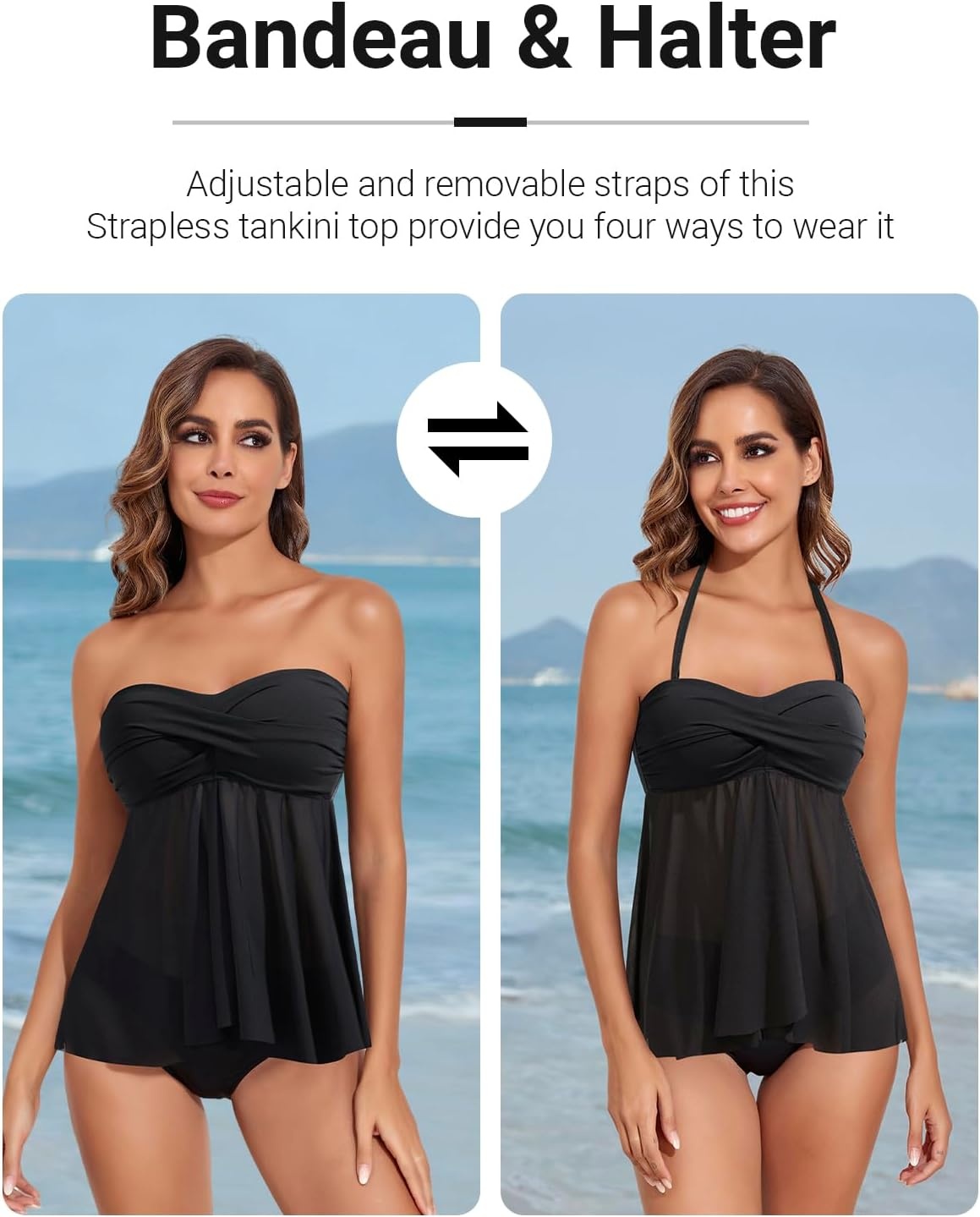 Talisea Women Bandeau Tankini Top Only Mesh Strapless Swimsuits Top Halter Flyaway Bathing Suits No Bottom(Black)