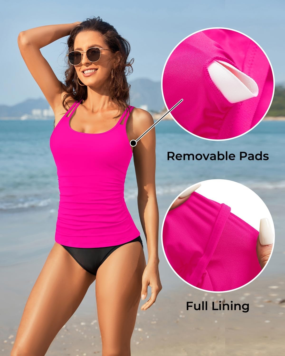 Women Tankini Swim Top Only – Tummy Control Swimsuit Bathing Suit Top | Smooths your tummy for a flattering fit Adjustable straps for a customized feel Removable pads for customizable coverage(Hot Pink)