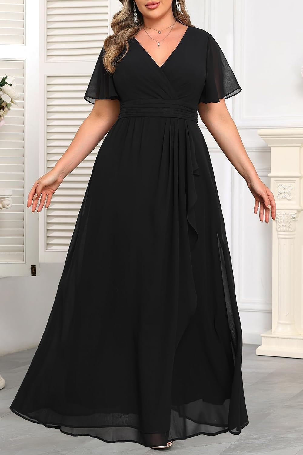 Plus Size Formal Dress Wedding Guest Chiffon V Neck Ruffle Long Dress Women | Women Plus Size Formal Evening Dress Chiffon Wedding Guest Long Dresses Short Sleeves Bridesmaid Dress Elegant Prom Gown(Black)