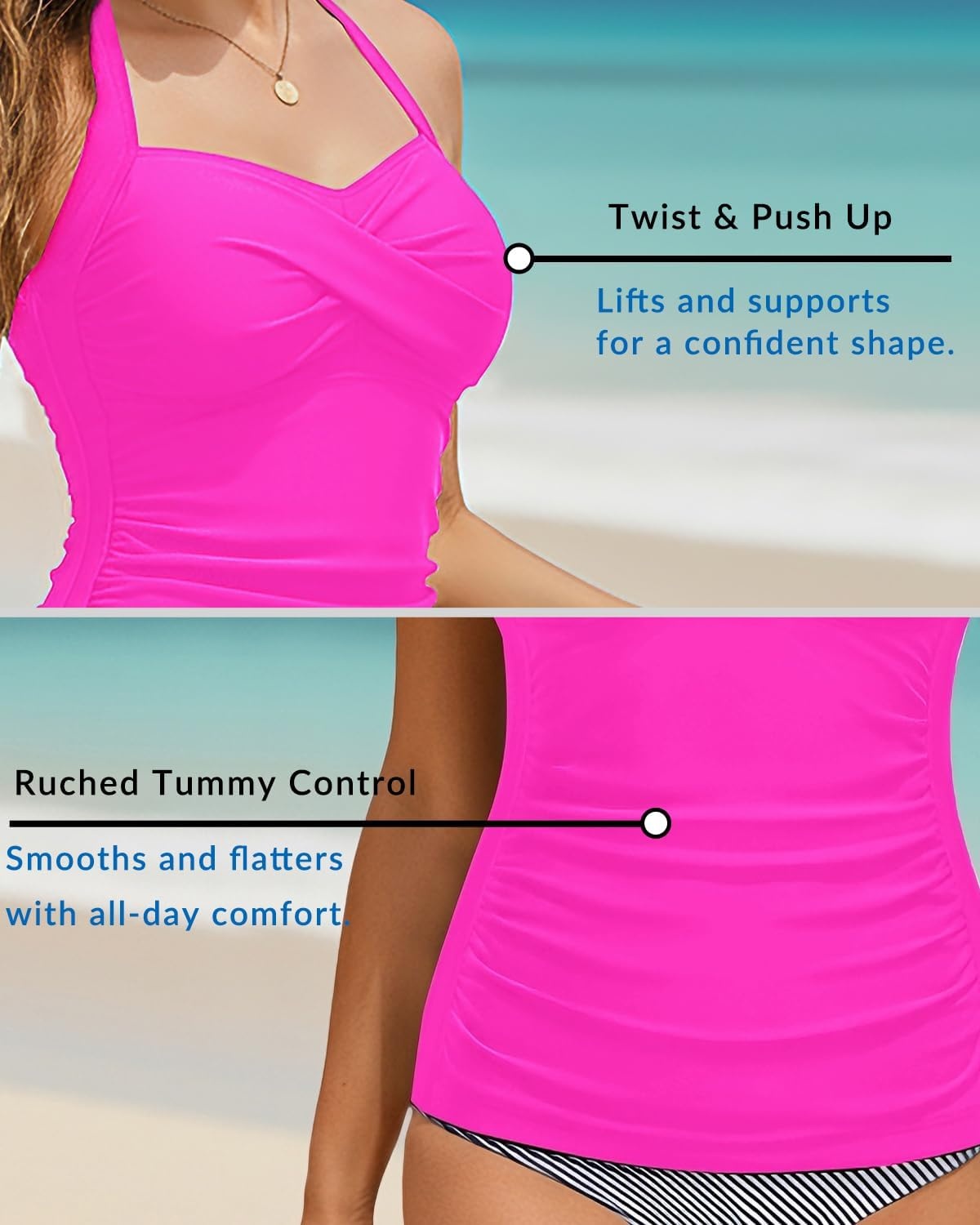 Women Tankini Bathing Suit Top – Halter Swim Tops Only Tummy Control No Bottom Swimwear(Hot Pink)
