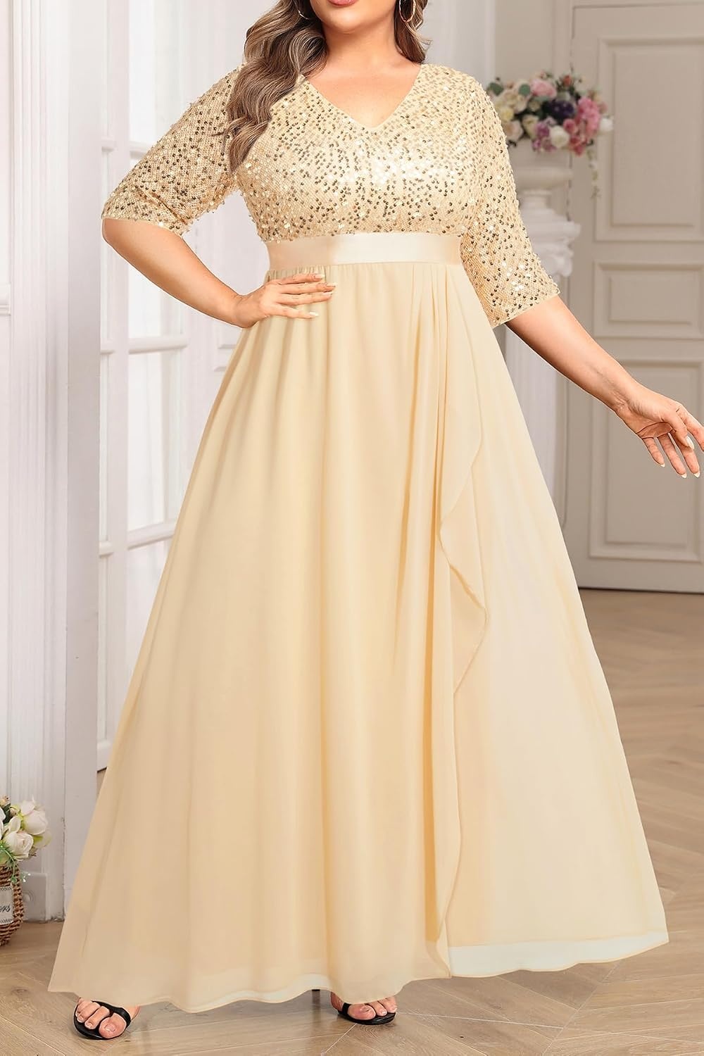 Talisea Women Plus Size Sequin Formal Evening Gown V-Neck Ruffle Maxi Dress(Champagne)