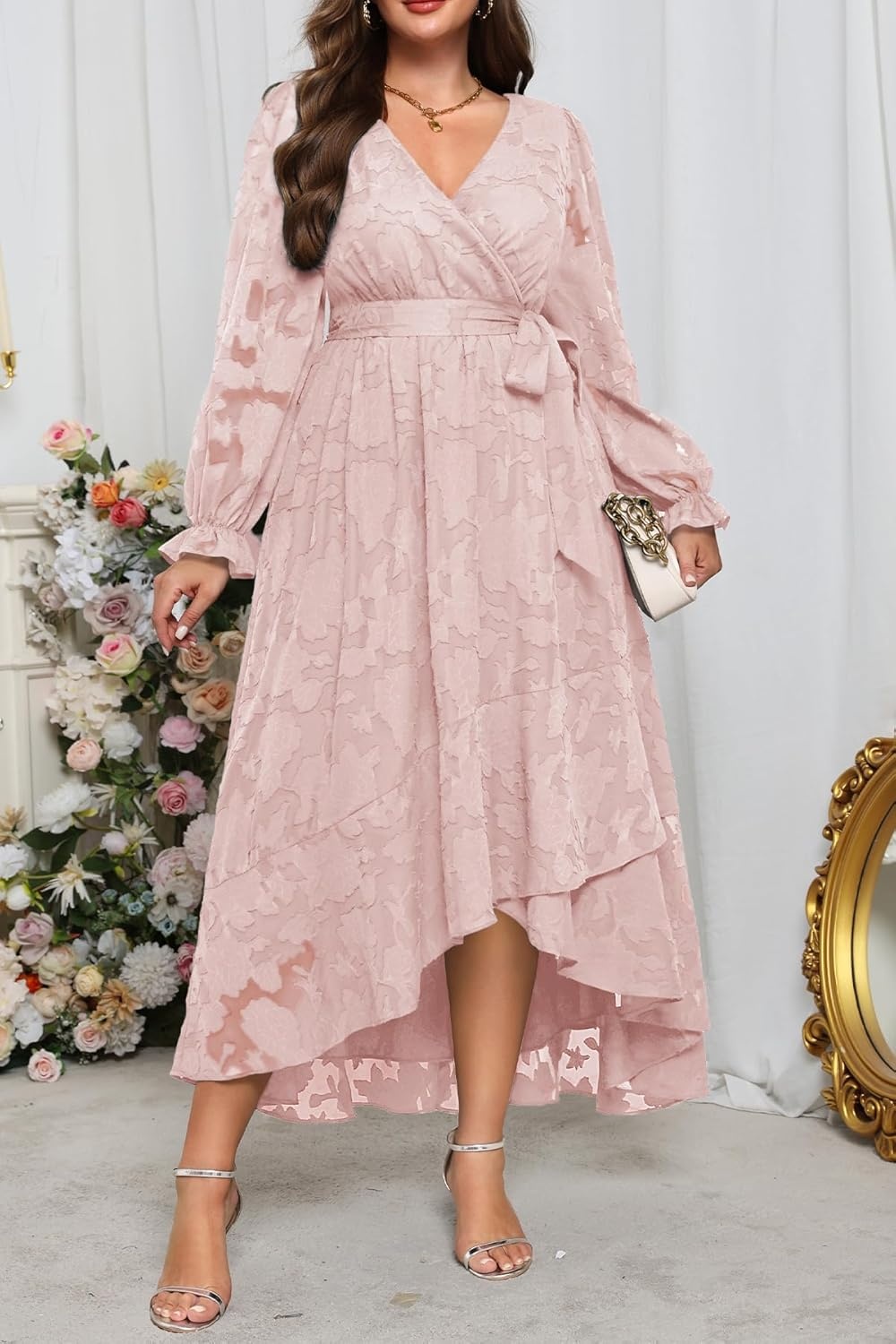 Plus Size Dresses Wedding Guest – Fall Semi Formal Floral Long Sleeve Wrap V Neck High Low Maxi Dress with Belt Women(Pink)