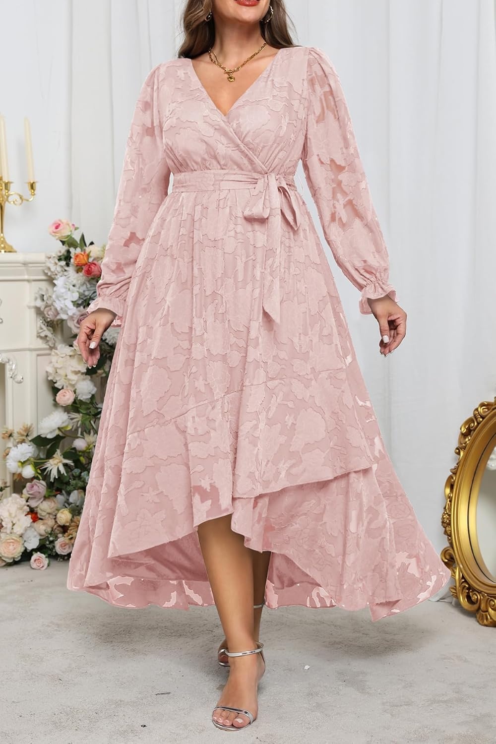 Plus Size Dresses Wedding Guest – Fall Semi Formal Floral Long Sleeve Wrap V Neck High Low Maxi Dress with Belt Women(Pink)