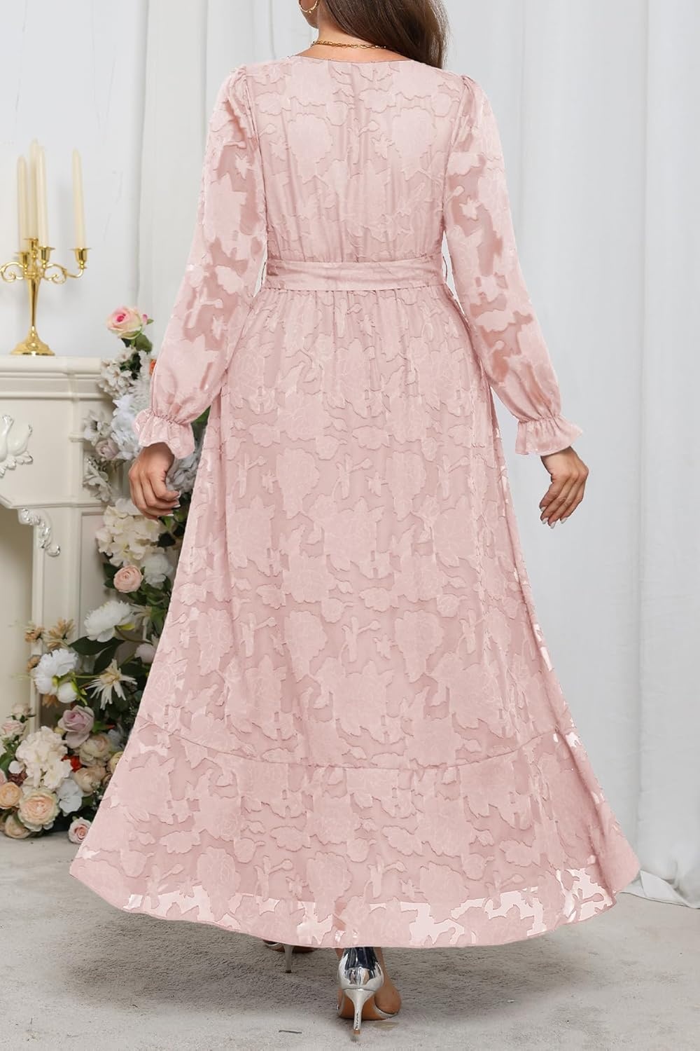 Plus Size Dresses Wedding Guest – Fall Semi Formal Floral Long Sleeve Wrap V Neck High Low Maxi Dress with Belt Women(Pink)