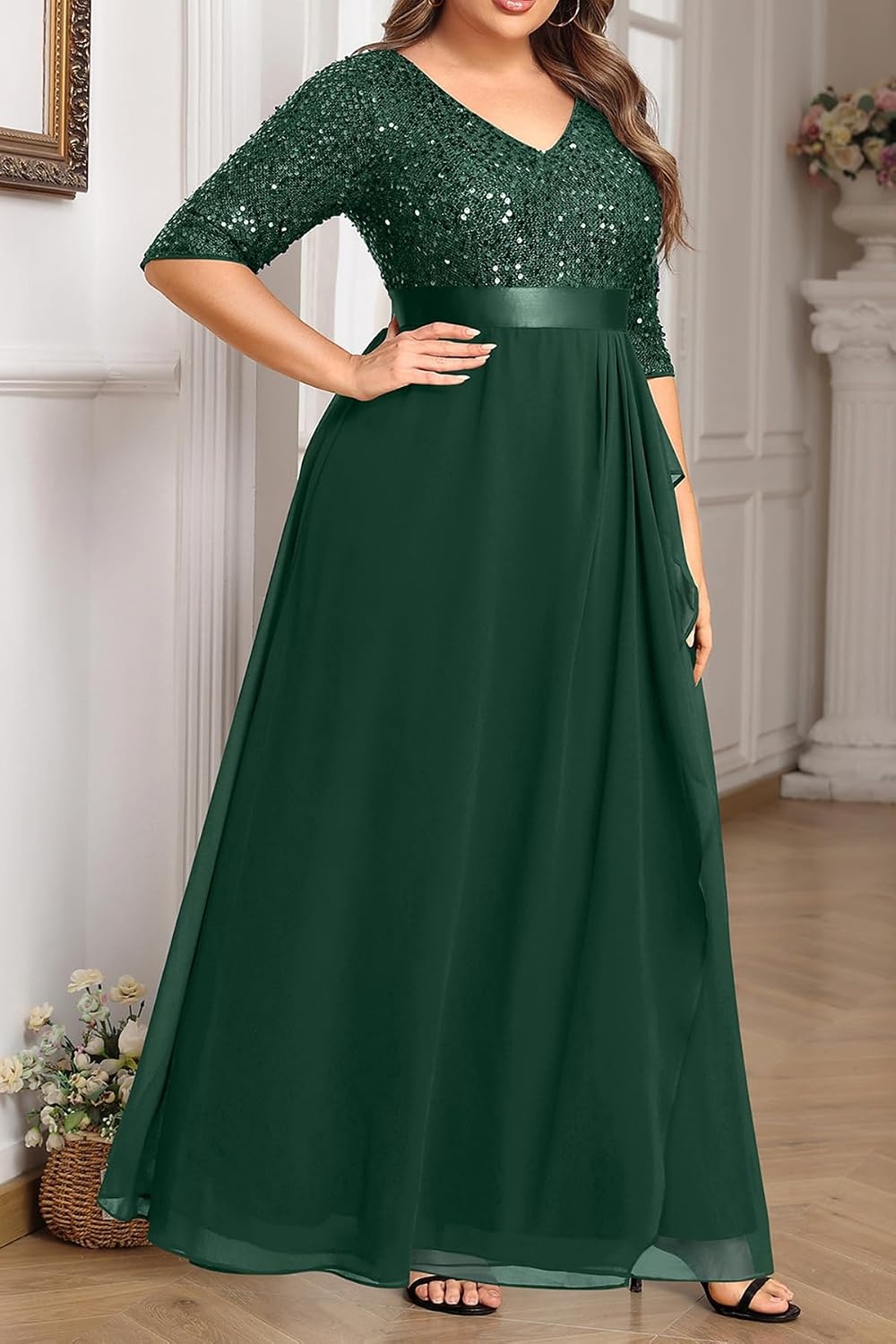 Talisea Women Plus Size Sequin Formal Evening Gown V-Neck Ruffle Maxi Dress(Green)
