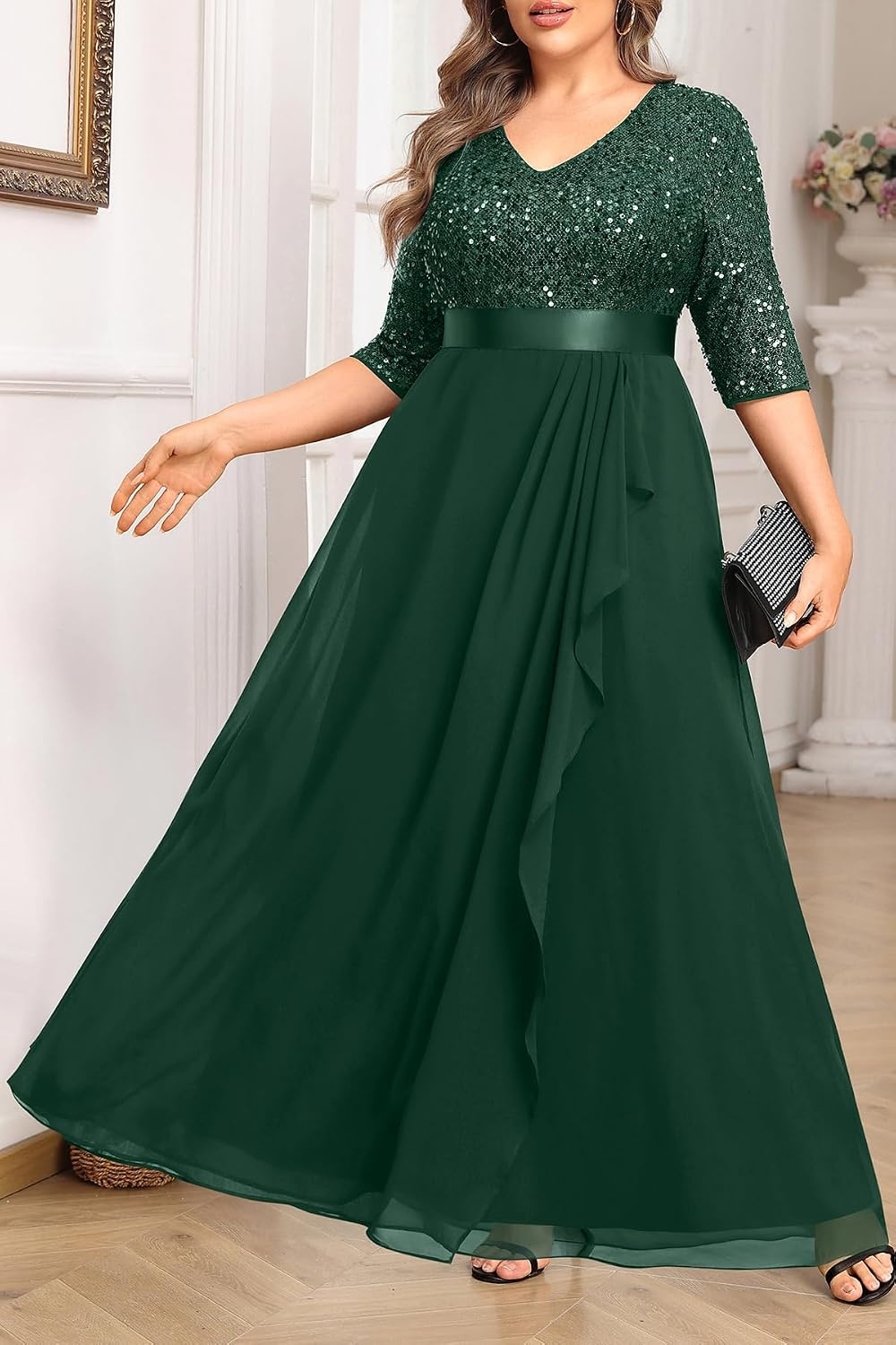 Talisea Women Plus Size Sequin Formal Evening Gown V-Neck Ruffle Maxi Dress(Green)
