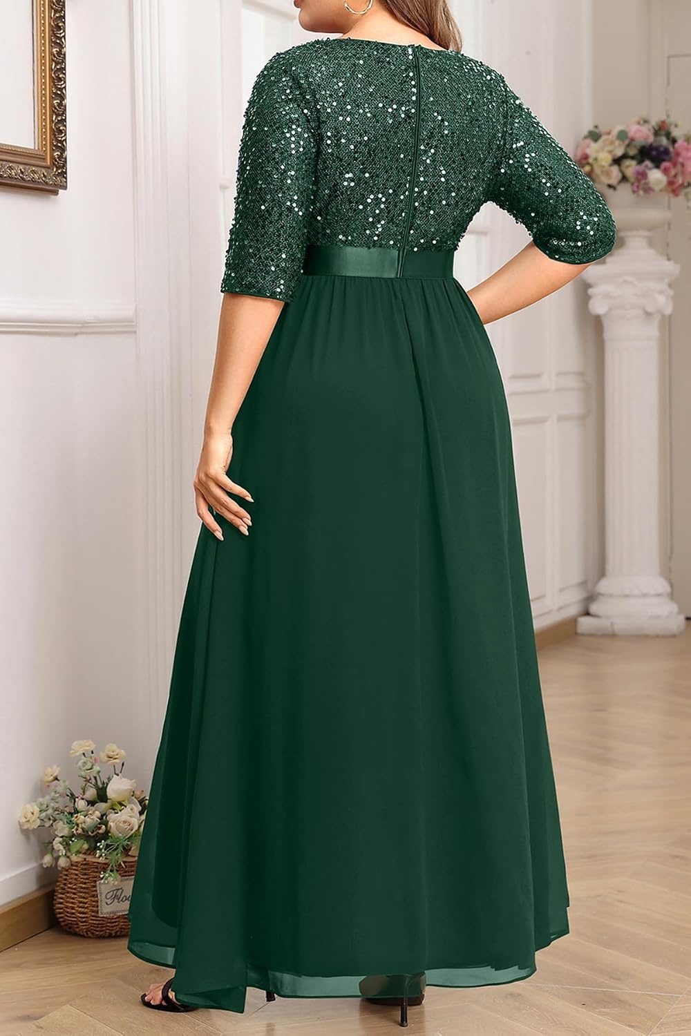 Talisea Women Plus Size Sequin Formal Evening Gown V-Neck Ruffle Maxi Dress(Green)