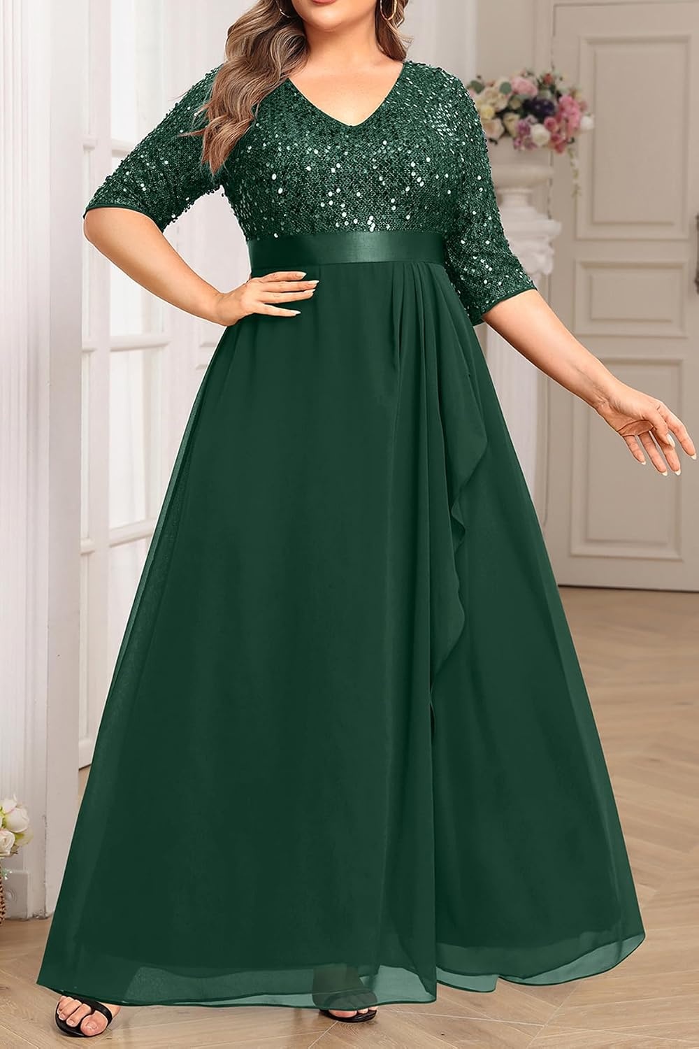 Talisea Women Plus Size Sequin Formal Evening Gown V-Neck Ruffle Maxi Dress(Green)