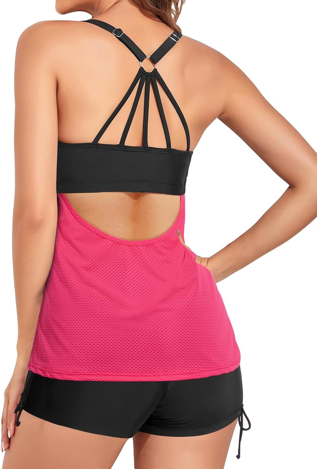 Two Piece Tankini with Shorts – Mesh Flowy Tummy Control Swimsuits | Layered Design for Full Coverage. Breathable Mesh Fabric to Keep Cool. High-Waisted Boyshorts with Extra Coverage(Pink and Black)