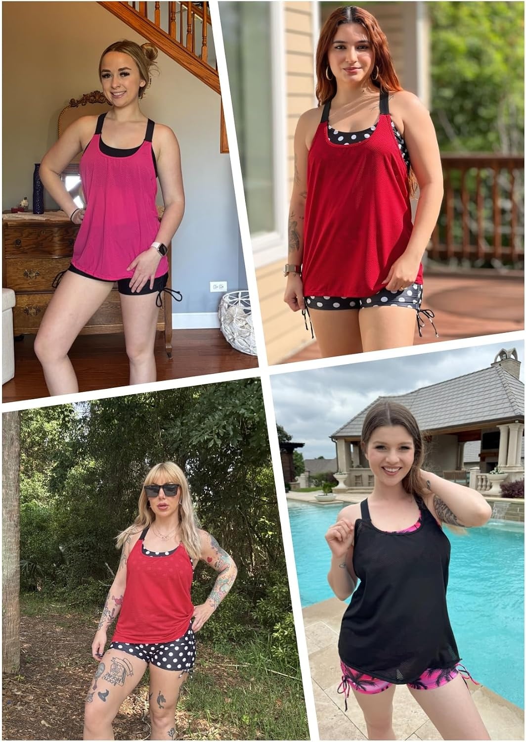 Two Piece Tankini with Shorts – Mesh Flowy Tummy Control Swimsuits | Layered Design for Full Coverage. Breathable Mesh Fabric to Keep Cool. High-Waisted Boyshorts with Extra Coverage(Pink and Black)