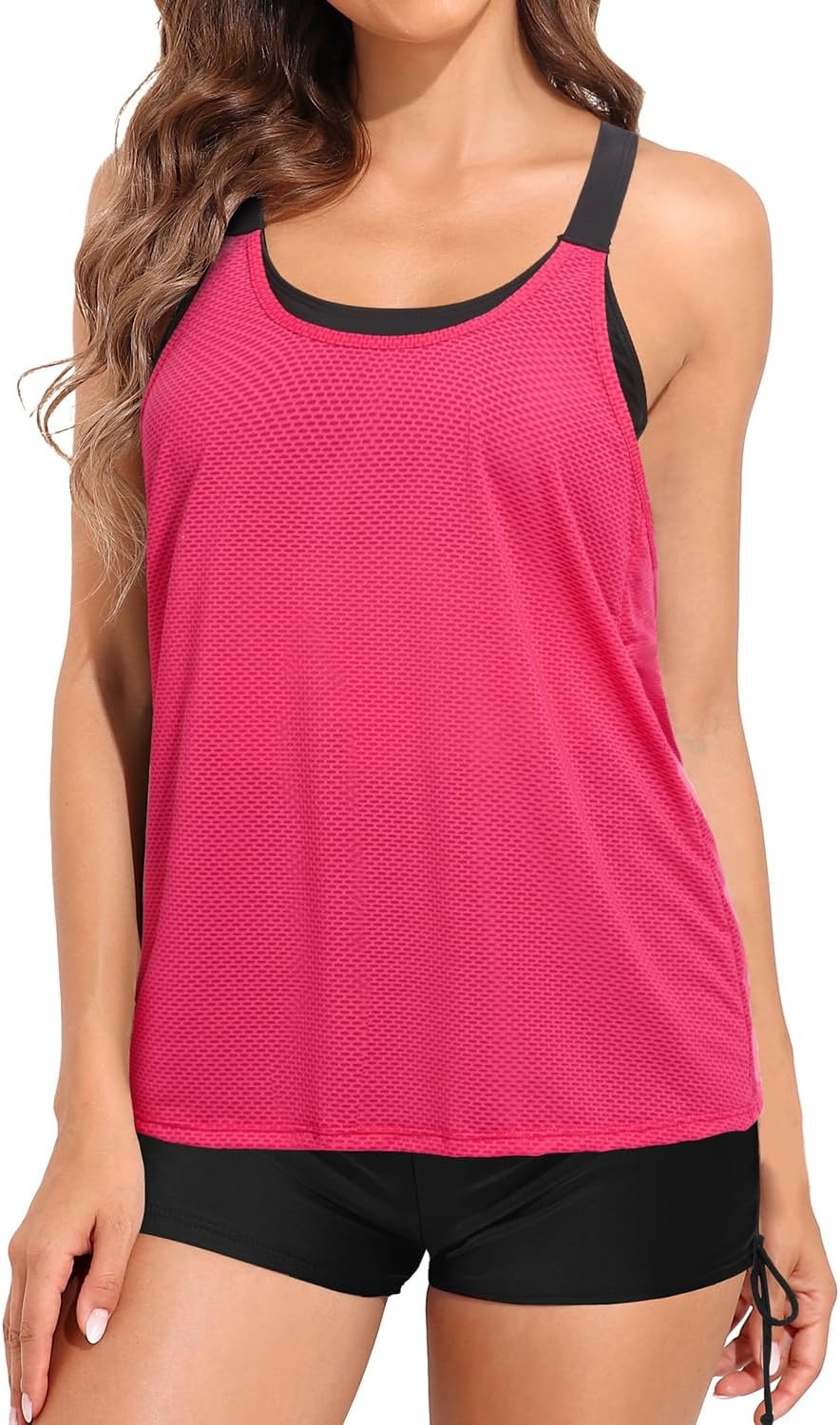 Two Piece Tankini with Shorts – Mesh Flowy Tummy Control Swimsuits | Layered Design for Full Coverage. Breathable Mesh Fabric to Keep Cool. High-Waisted Boyshorts with Extra Coverage(Pink and Black)