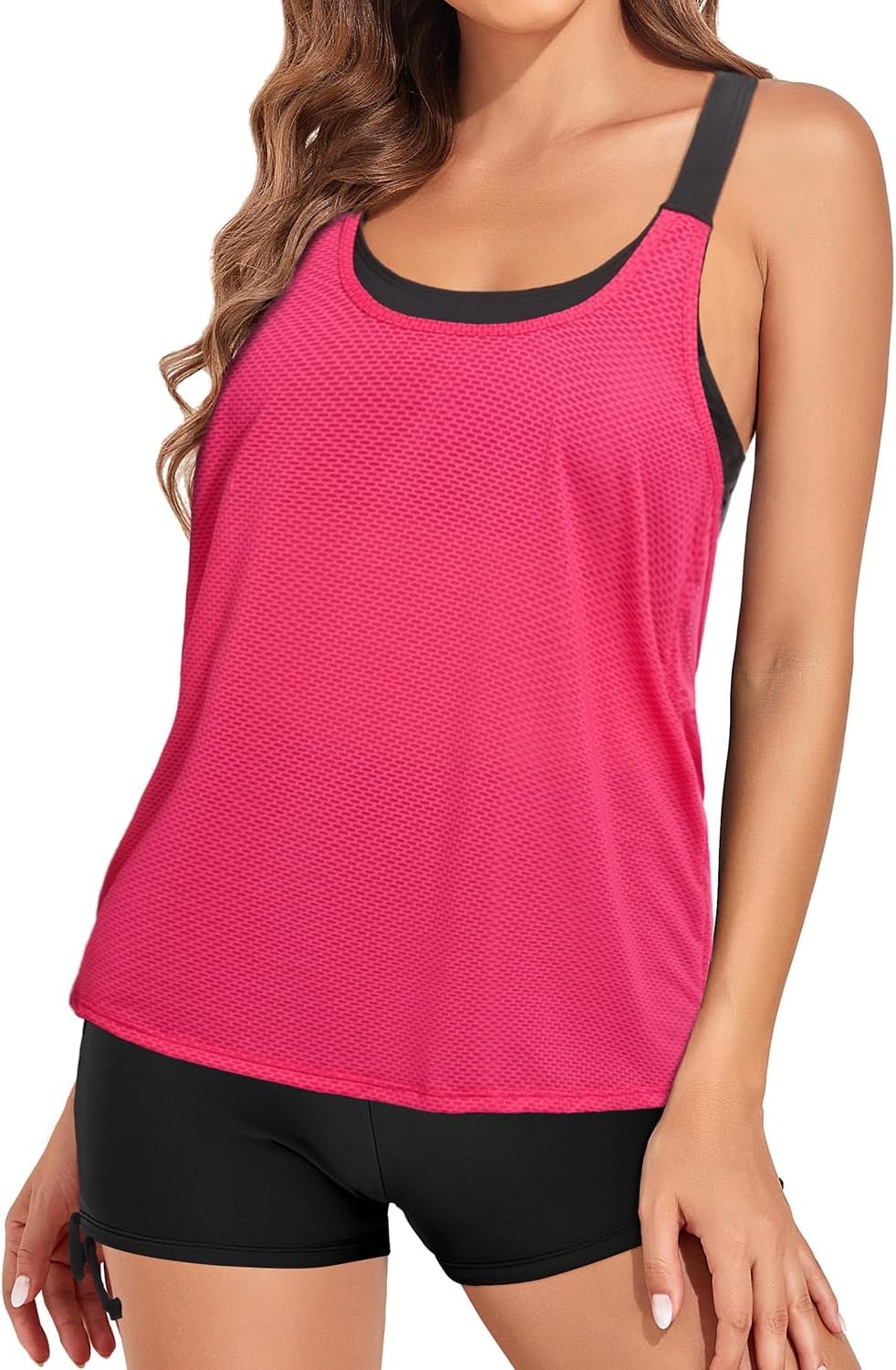 Two Piece Tankini with Shorts – Mesh Flowy Tummy Control Swimsuits | Layered Design for Full Coverage. Breathable Mesh Fabric to Keep Cool. High-Waisted Boyshorts with Extra Coverage(Pink and Black)