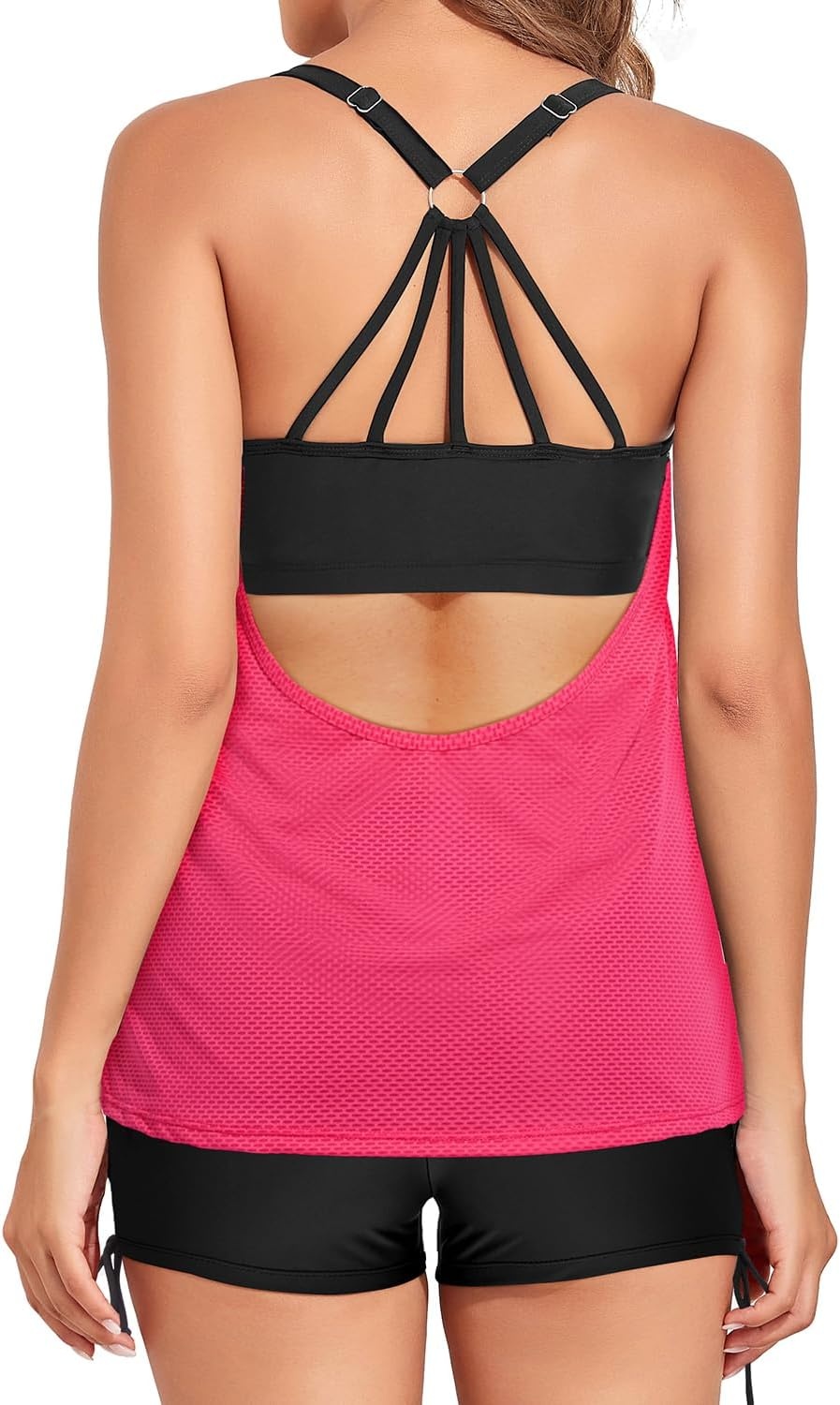 Two Piece Tankini with Shorts – Mesh Flowy Tummy Control Swimsuits | Layered Design for Full Coverage. Breathable Mesh Fabric to Keep Cool. High-Waisted Boyshorts with Extra Coverage(Pink and Black)