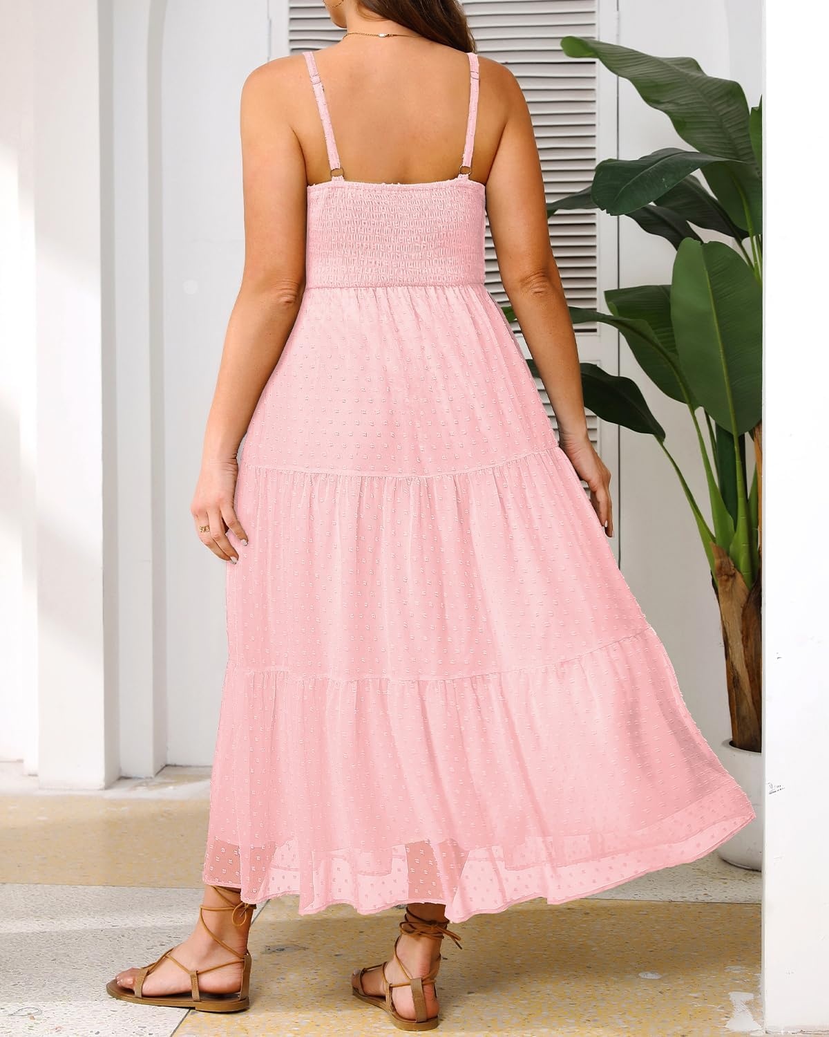 Talisea Plus Size Summer Dress – Boho Spaghetti Strap Maxi Dress Women(Pink)