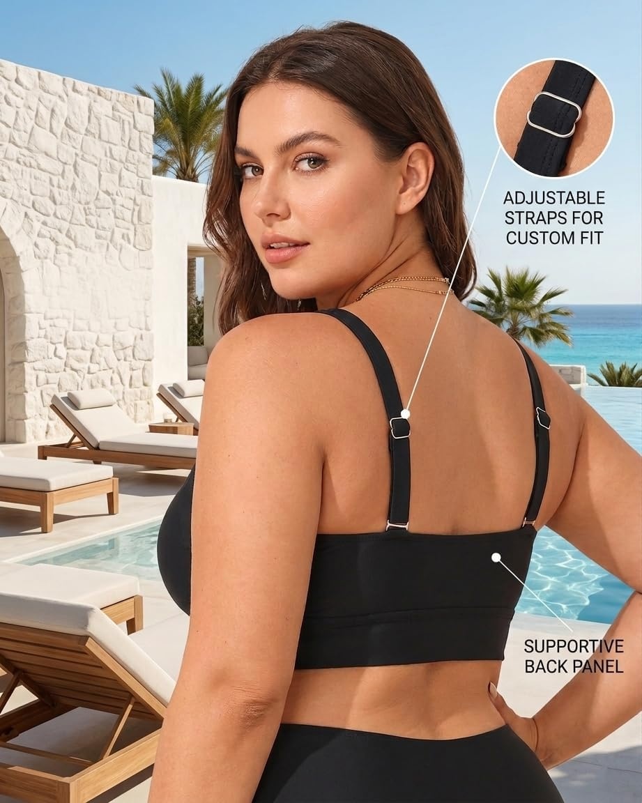 Plus Size Bikini Top Only – Women Swim Bra Lace Up Swimsuit Top V Neck Bathing Suit Tops for Large Bust Swimwear 2025(Black)