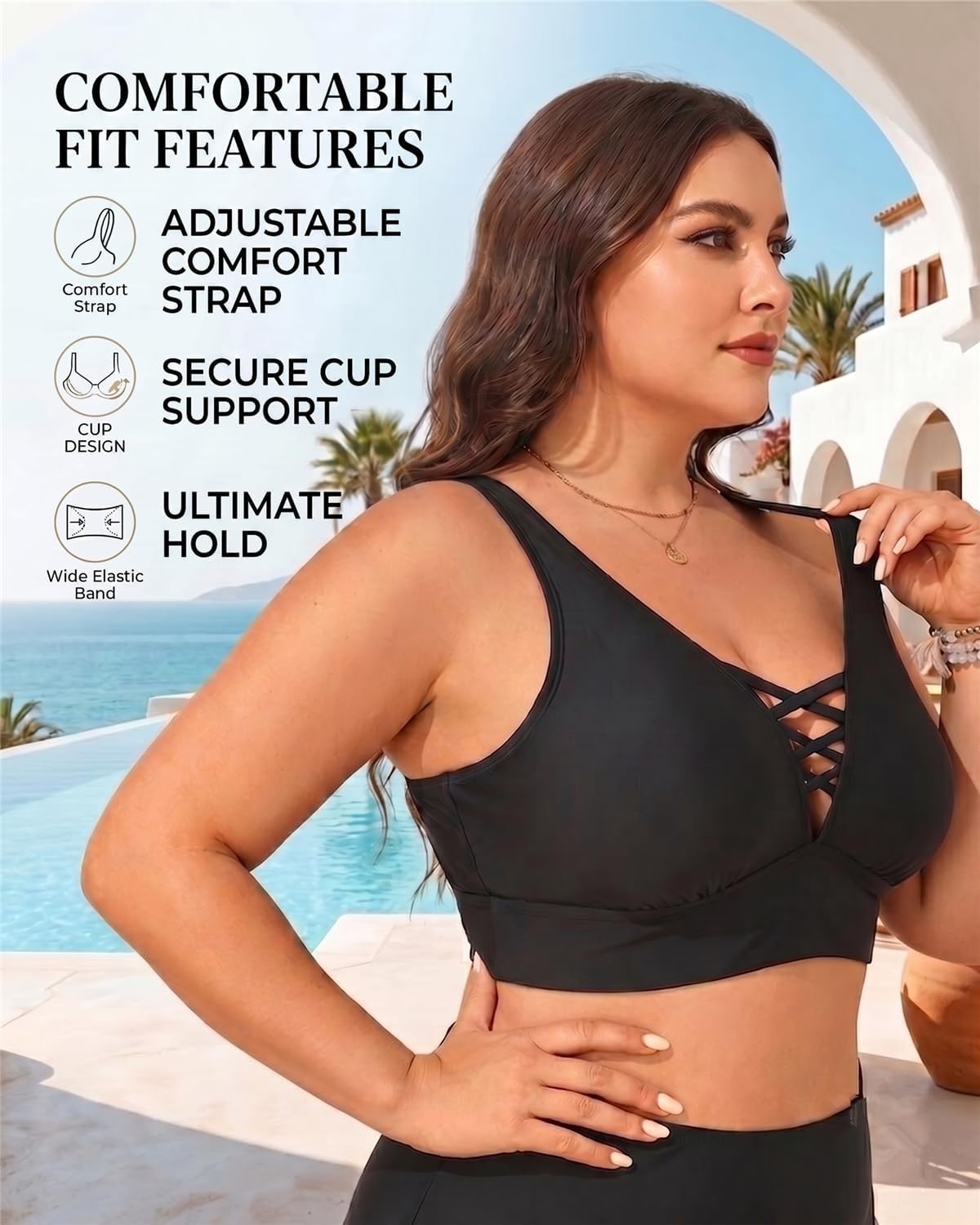 Plus Size Bikini Top Only – Women Swim Bra Lace Up Swimsuit Top V Neck Bathing Suit Tops for Large Bust Swimwear 2025(Black)