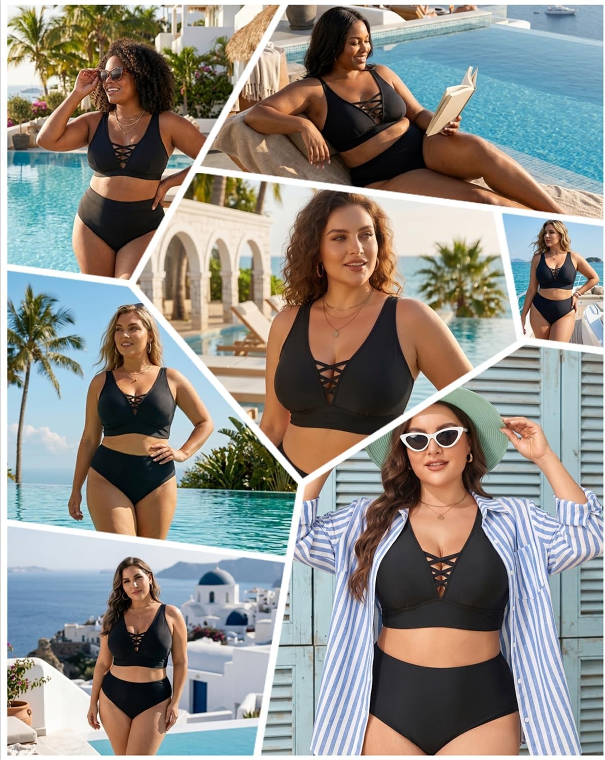 Plus Size Bikini Top Only – Women Swim Bra Lace Up Swimsuit Top V Neck Bathing Suit Tops for Large Bust Swimwear 2025(Black)