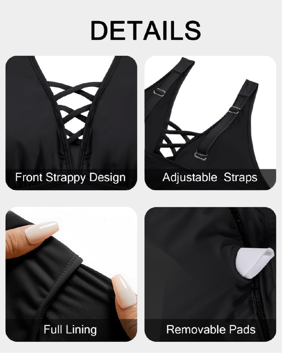 Plus Size Bikini Top Only – Women Swim Bra Lace Up Swimsuit Top V Neck Bathing Suit Tops for Large Bust Swimwear 2025(Black)