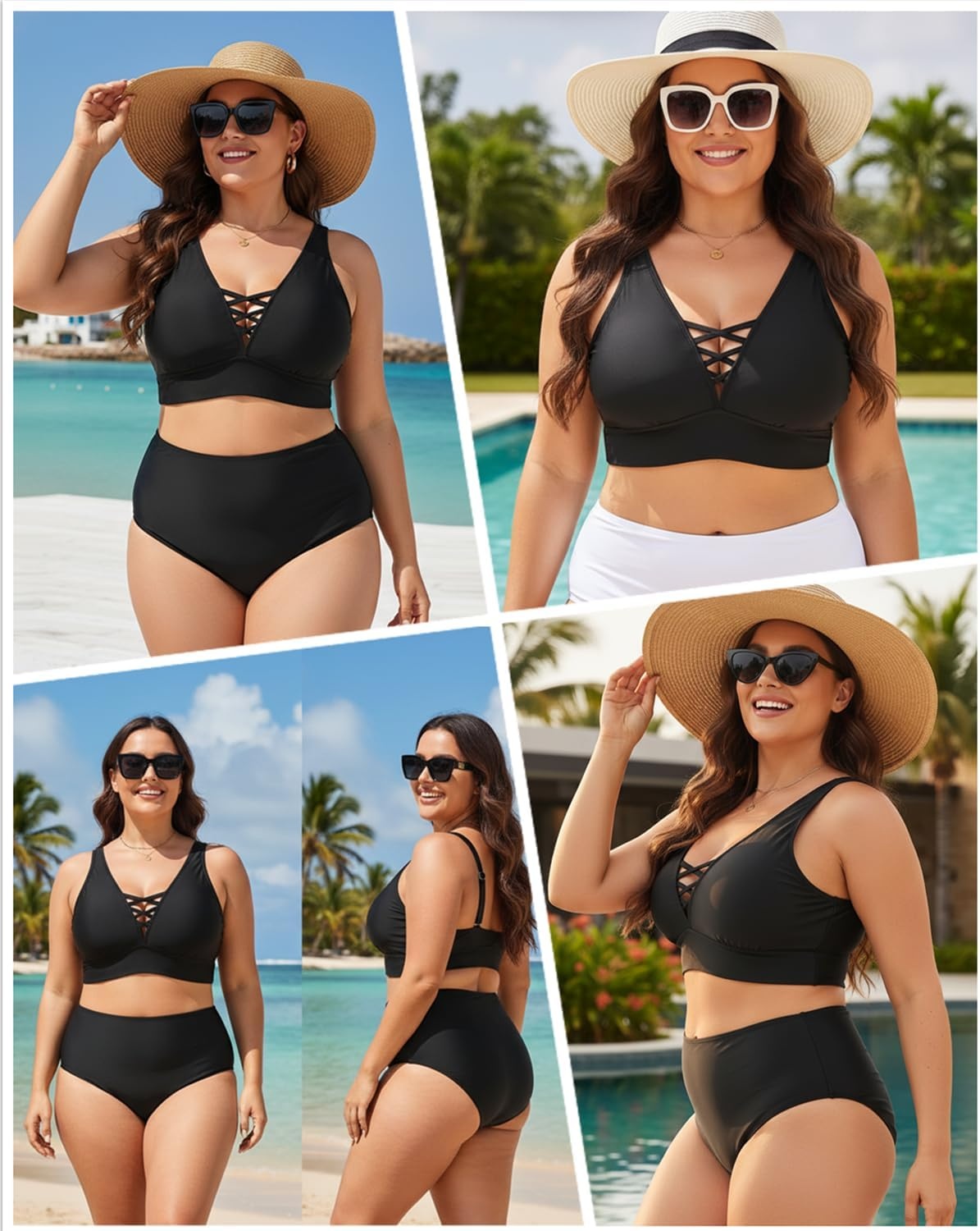 Plus Size Bikini Top Only – Women Swim Bra Lace Up Swimsuit Top V Neck Bathing Suit Tops for Large Bust Swimwear 2025(Black)