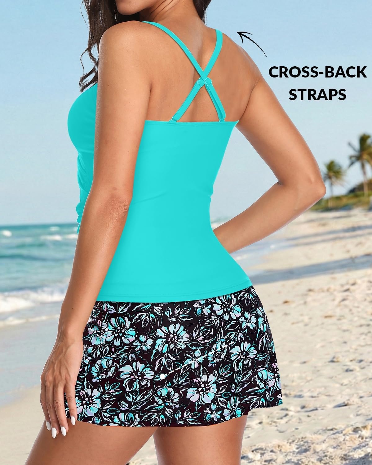 Talisea Womens Tankini Bathing Suits with Skirt Two Piece Tummy Control Swimsuits Ladies Swimwear(Aqua and Flower)