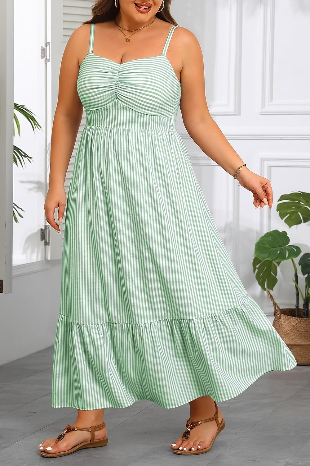Plus Size Maxi Dress Summer Casual Striped Spaghetti Strap Long Sundress | Plus Size Summer Maxi Dresses Curvy Women Casual Striped Spaghetti Strap Long Dress Flowy Sleeveless Beach Vacation Sundress(Green and White)