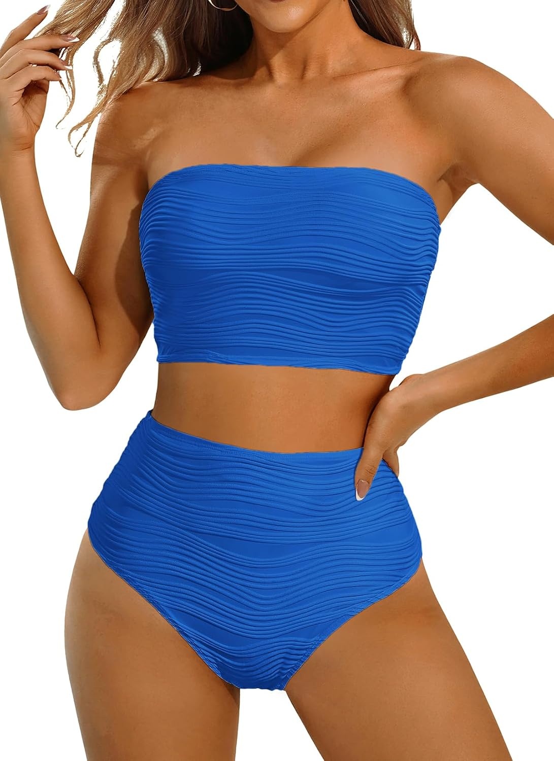 High Waisted Bandeau Bikini Set – Ribbed Strapless Two Piece Swimsuit | Secure bandeau top with straps. High waist bottom for comfortable coverage. Full coverage back for confident wear.(Royal Blue)